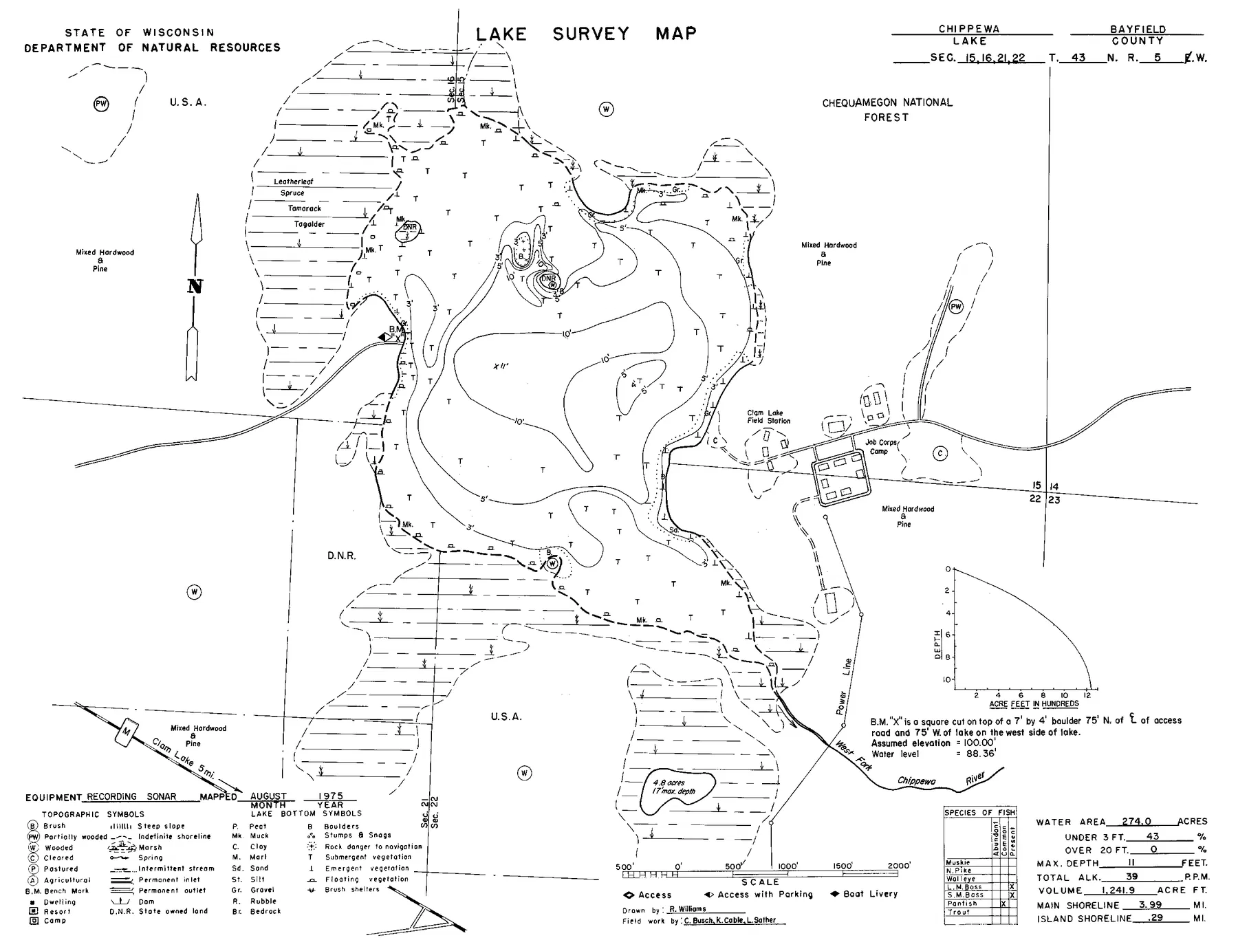 Chippewa Lake historical Wisconsin DNR depth map sheet 1