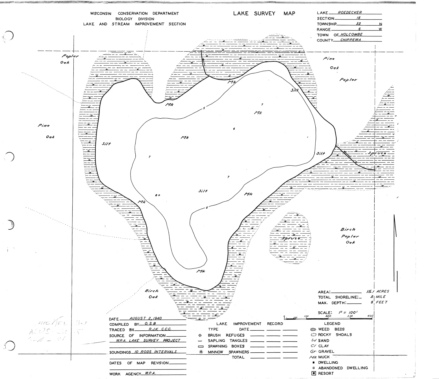 Roedecker Lake historical Wisconsin DNR depth map sheet 1