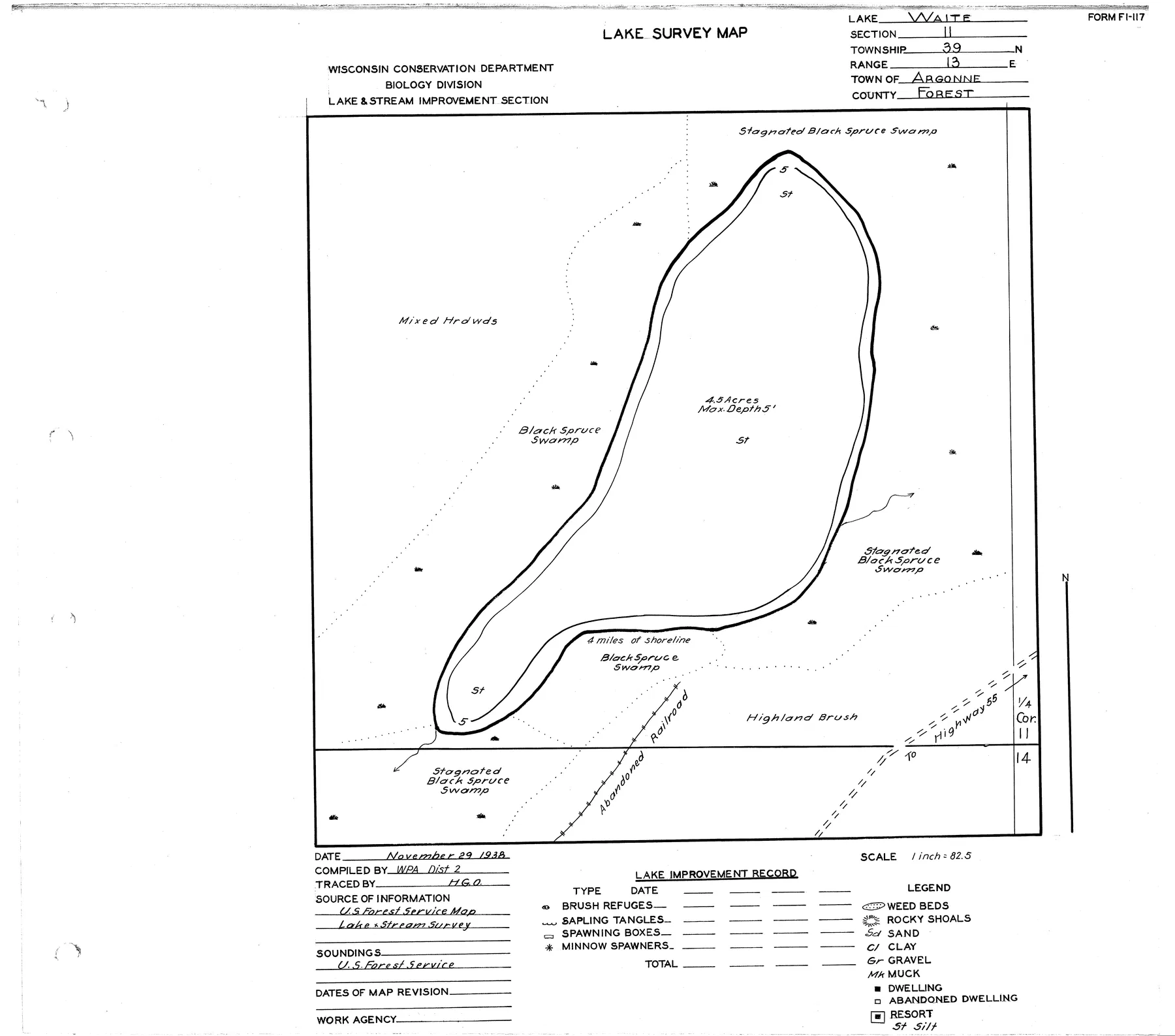Waite Lake historical Wisconsin DNR depth map sheet 1