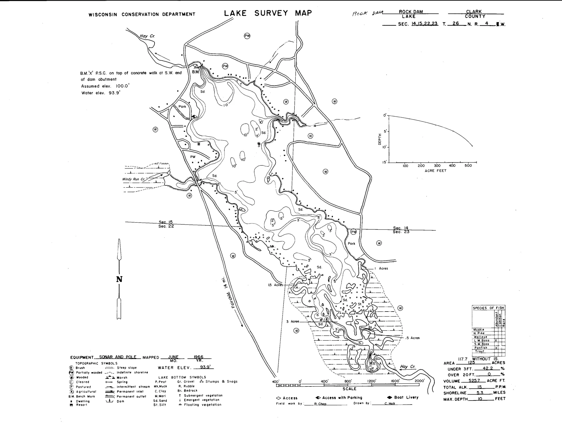 Rock Dam Lake historical Wisconsin DNR depth map sheet 1