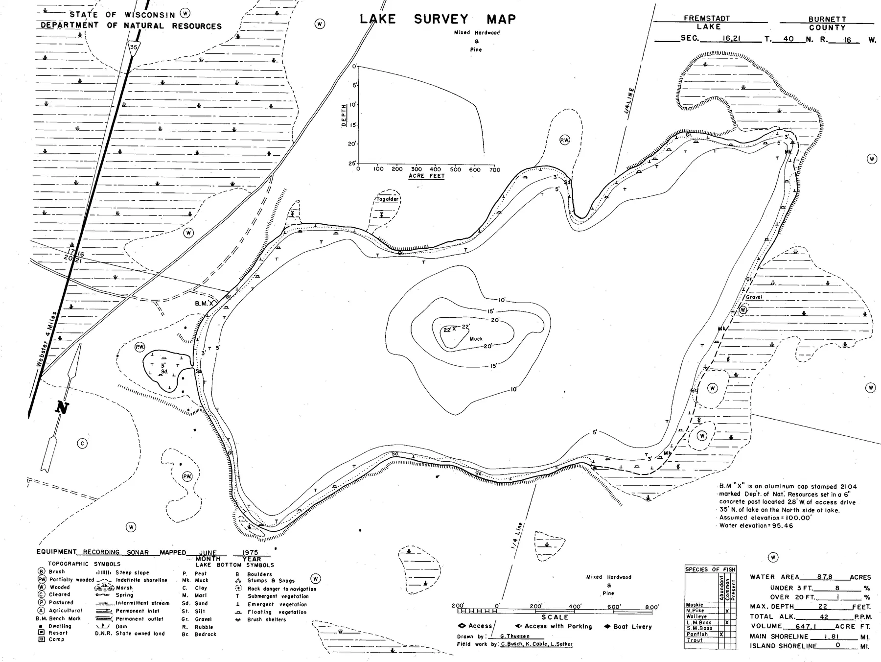 Fremstadt Lake historical Wisconsin DNR depth map sheet 1