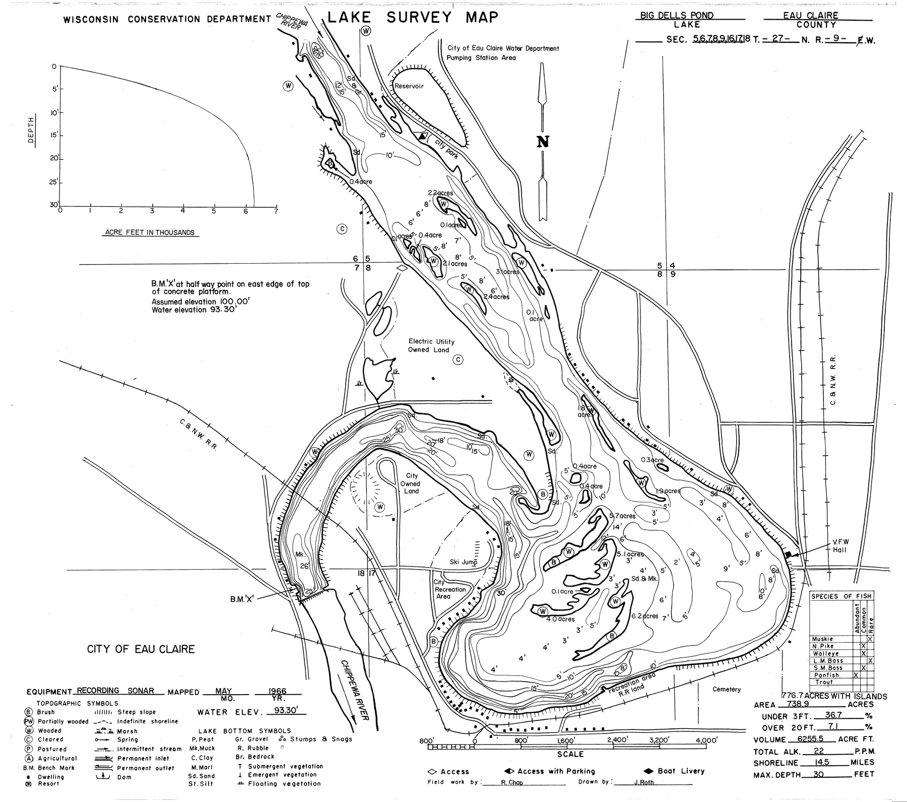 Dells Pond historical Wisconsin DNR depth map sheet 1