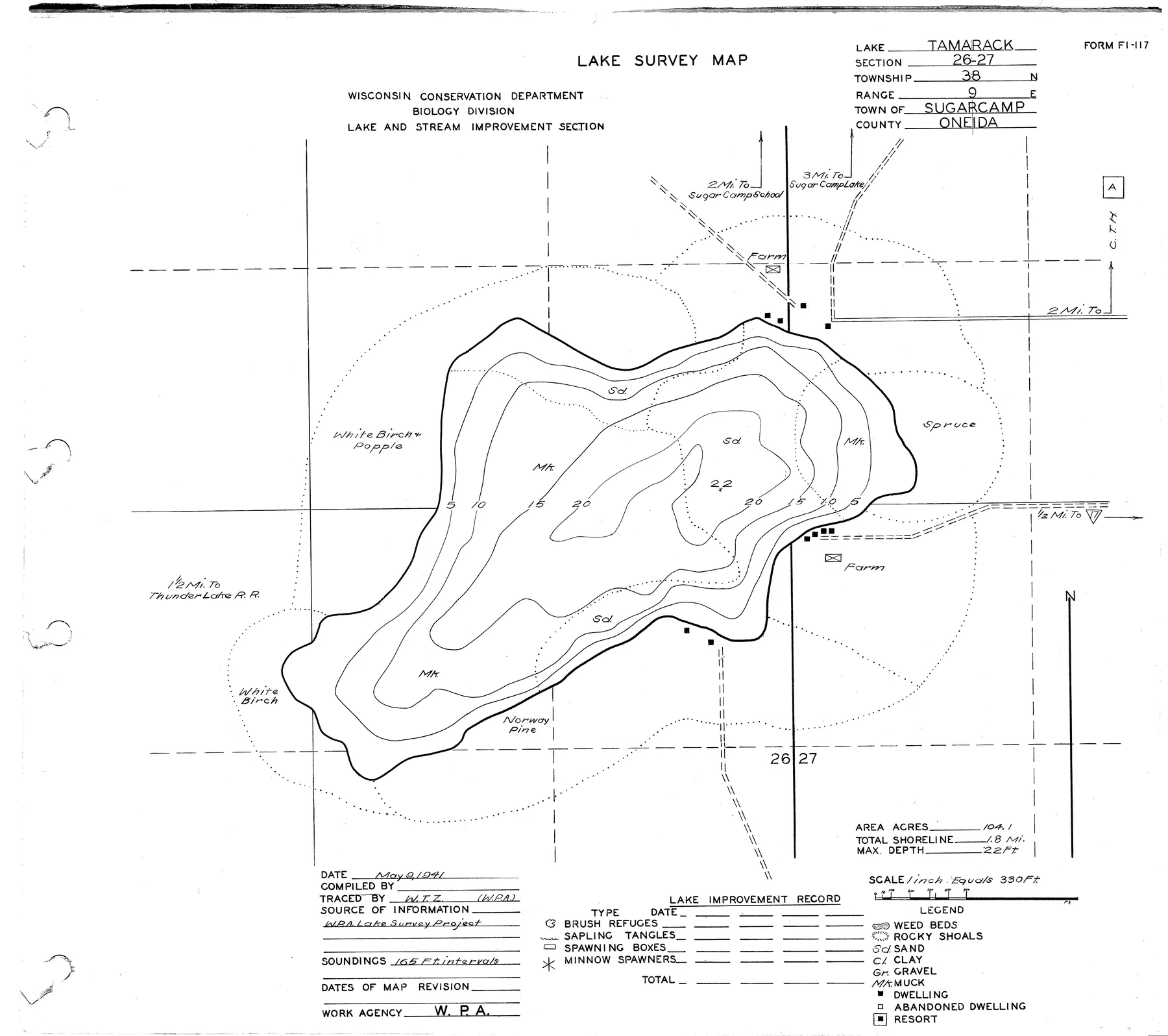 Tamarack Lake historical Wisconsin DNR depth map sheet 1