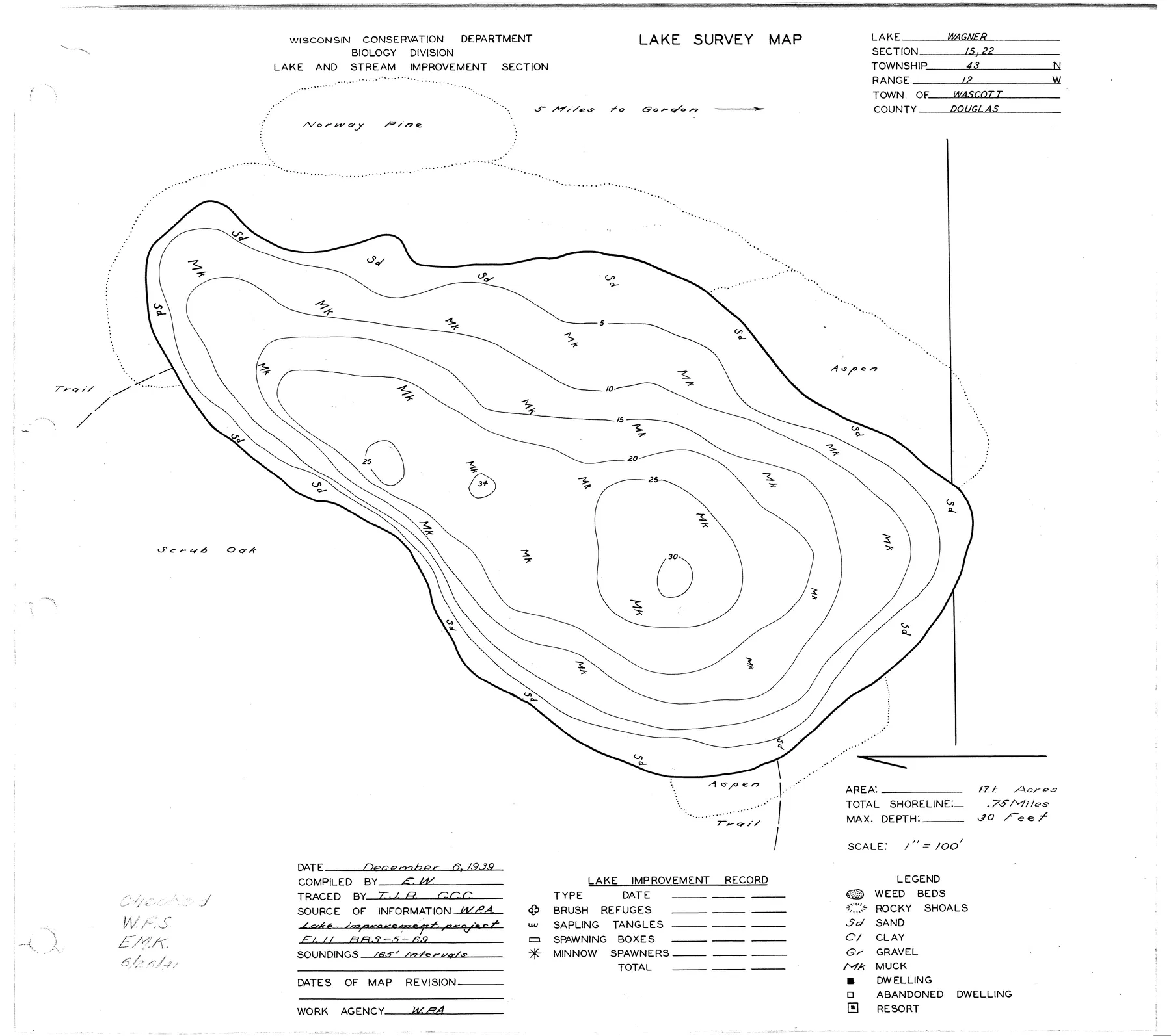 Wagner Lake historical Wisconsin DNR depth map sheet 1