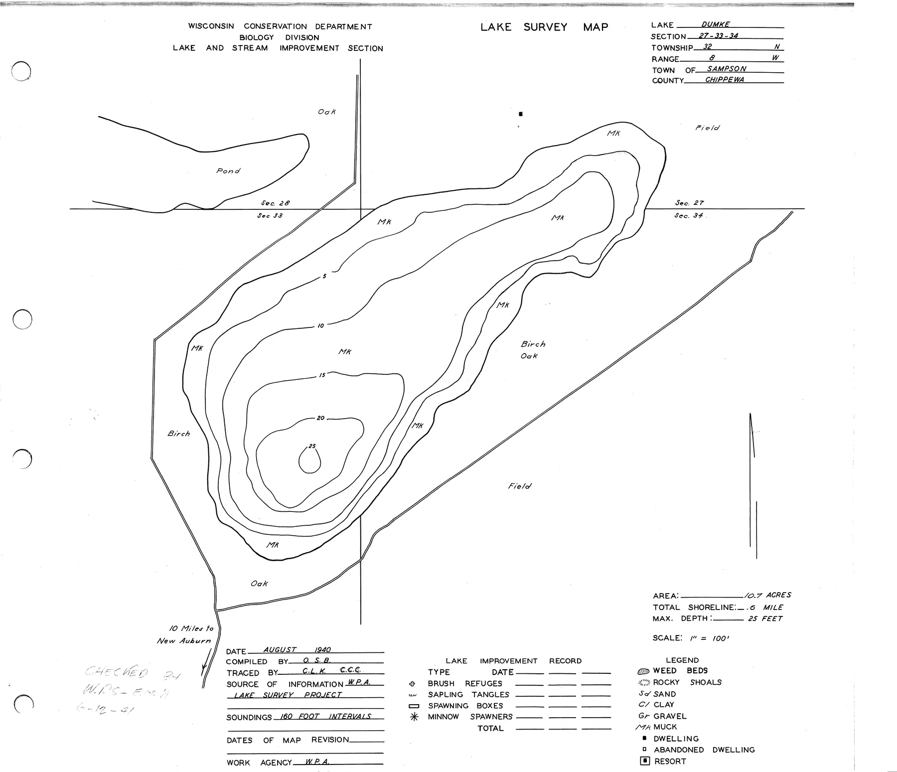 Dumke Lake historical Wisconsin DNR depth map sheet 1