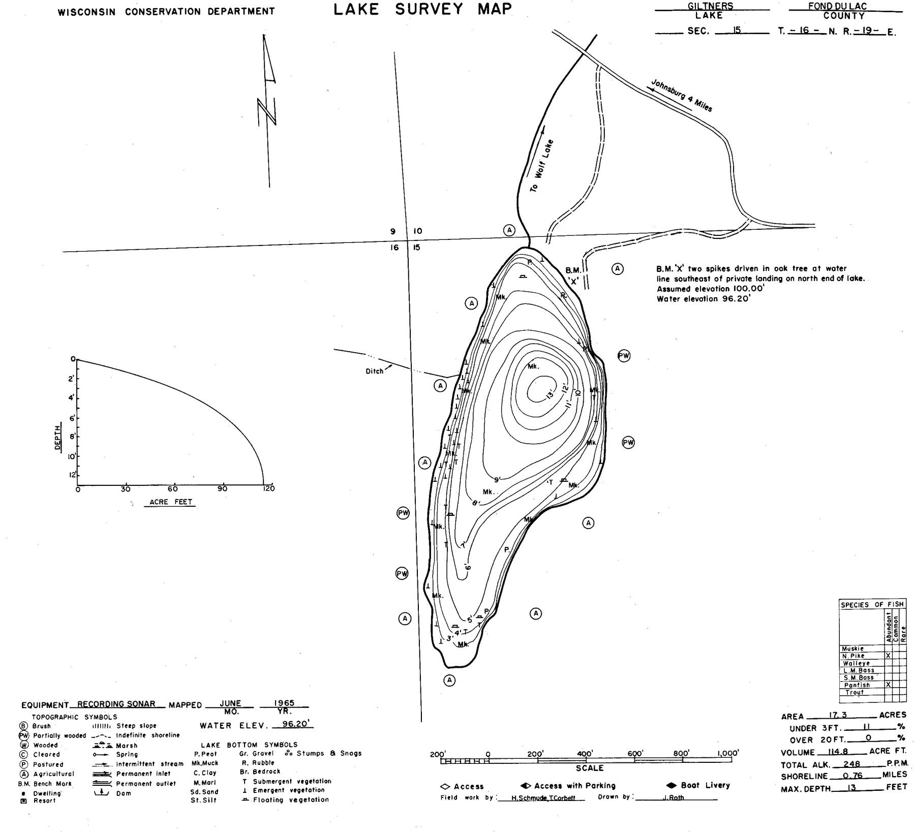 Giltners Lake historical Wisconsin DNR depth map sheet 1