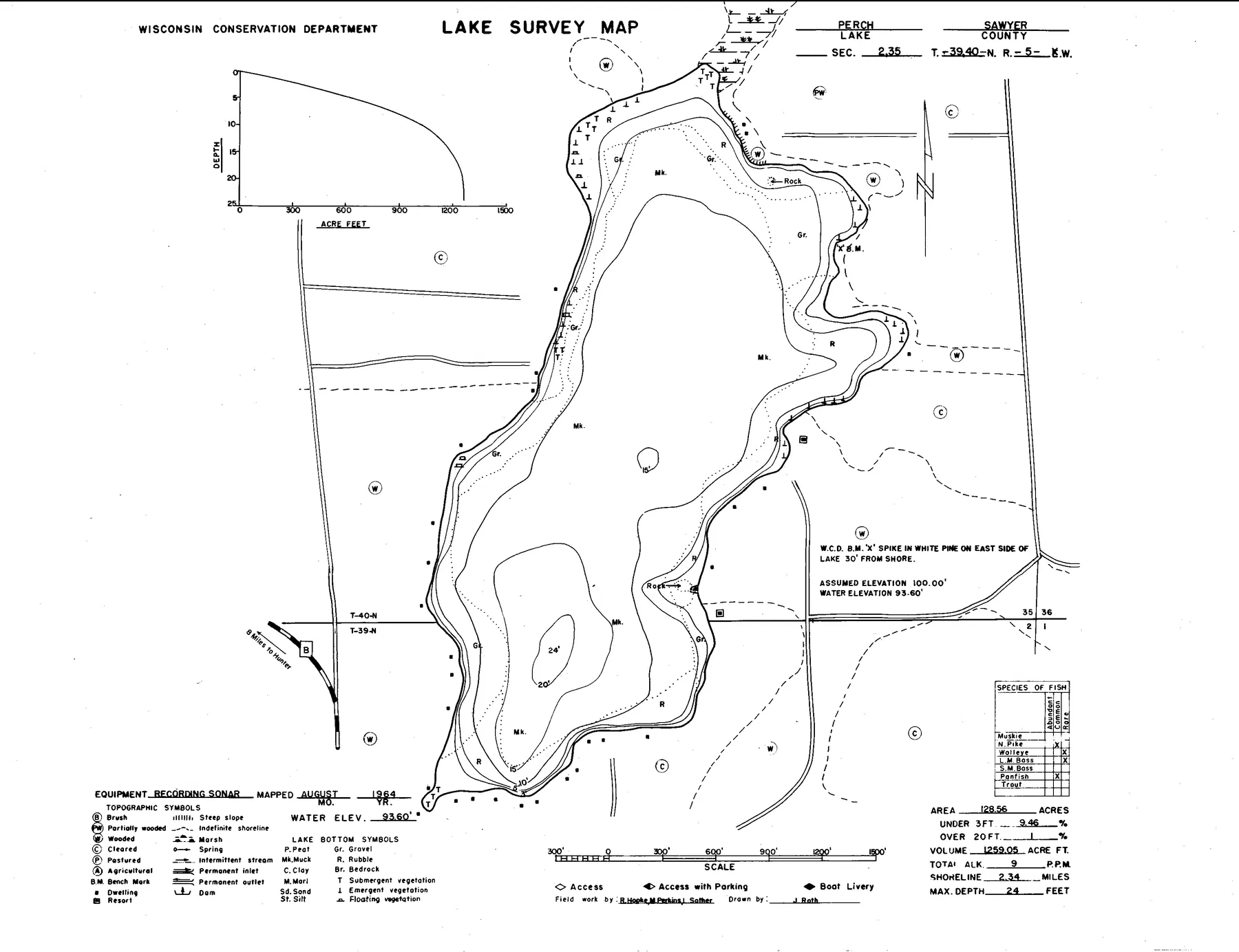 Perch Lake historical Wisconsin DNR depth map sheet 1