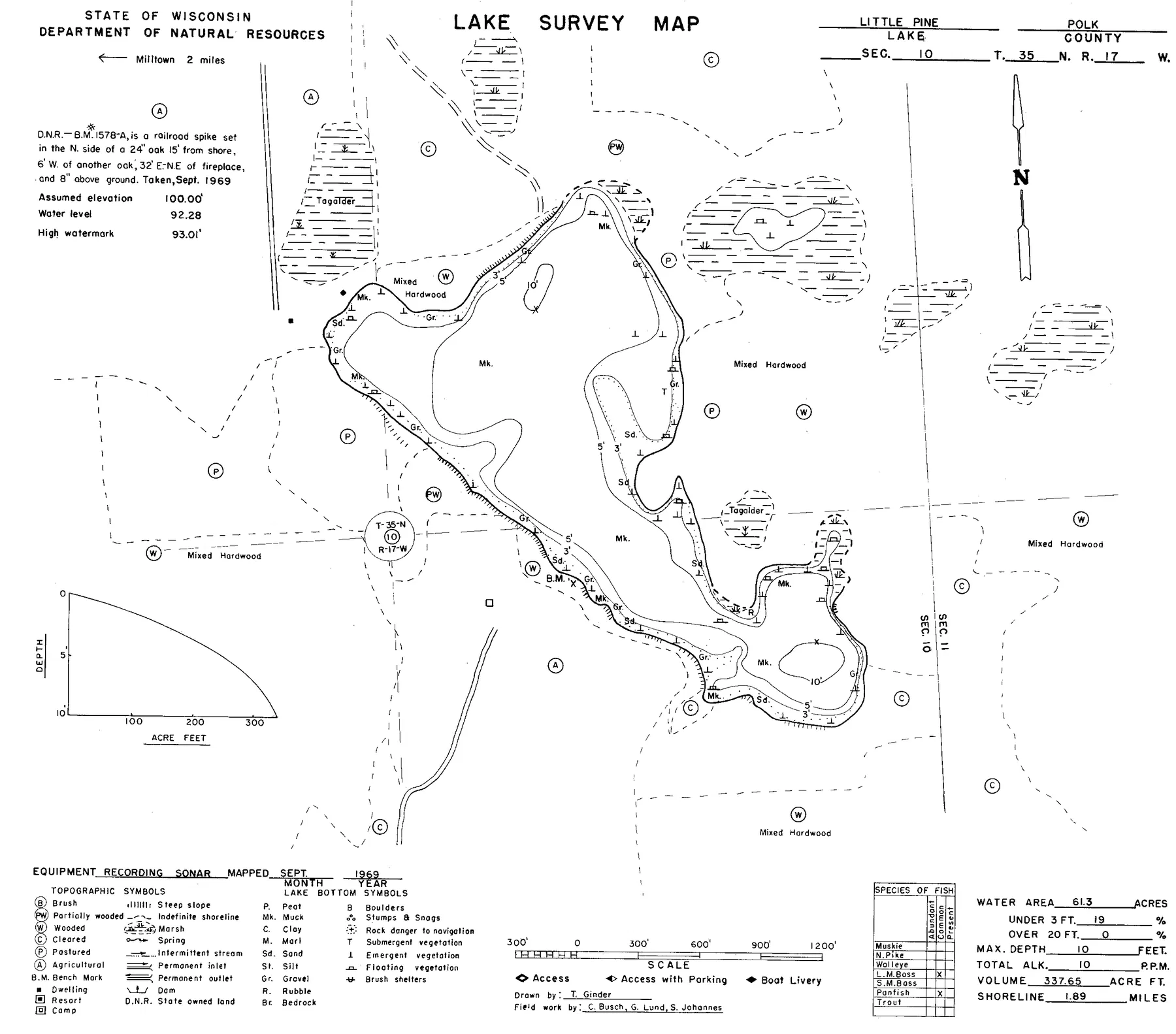 Little Pine Lake historical Wisconsin DNR depth map sheet 1