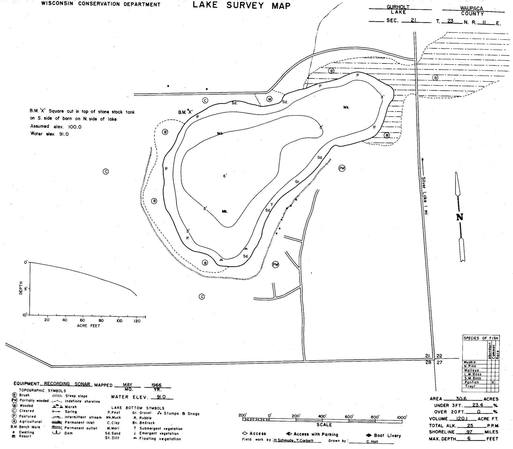 Gurholt Lake historical Wisconsin DNR depth map sheet 1