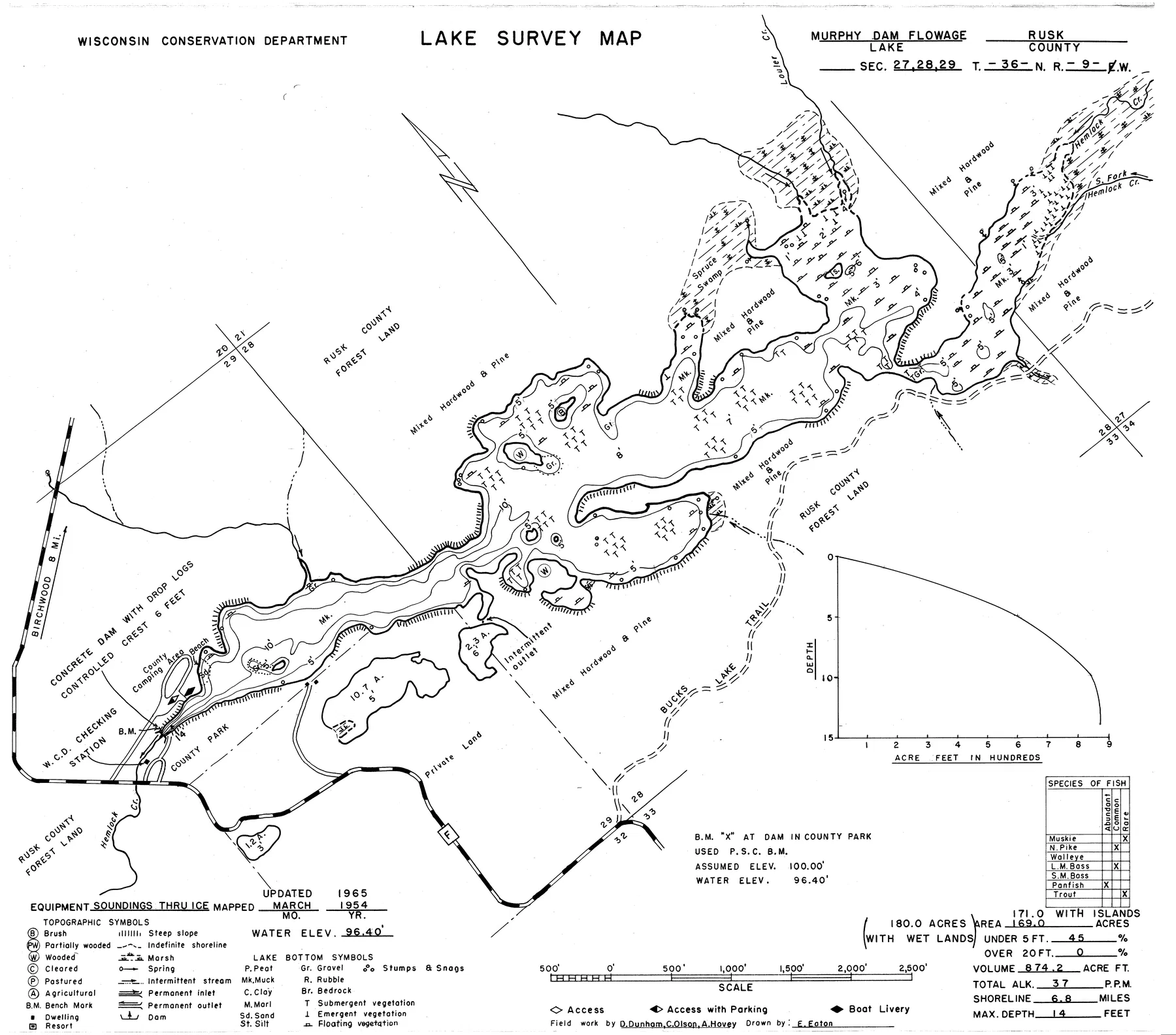 Murphy Flowage historical Wisconsin DNR depth map sheet 1
