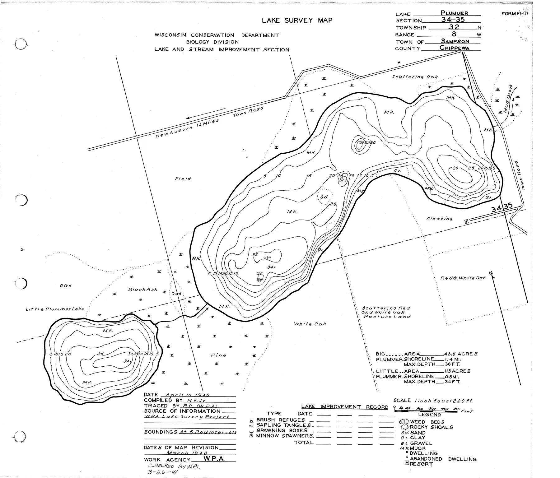 Plummer Lake historical Wisconsin DNR depth map sheet 1