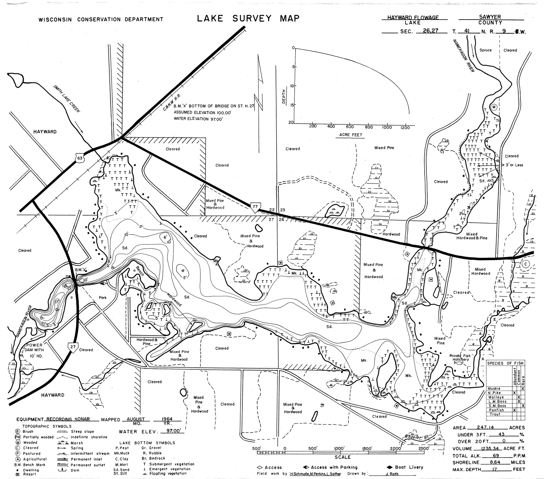 Hayward Lake historical Wisconsin DNR depth map sheet 1