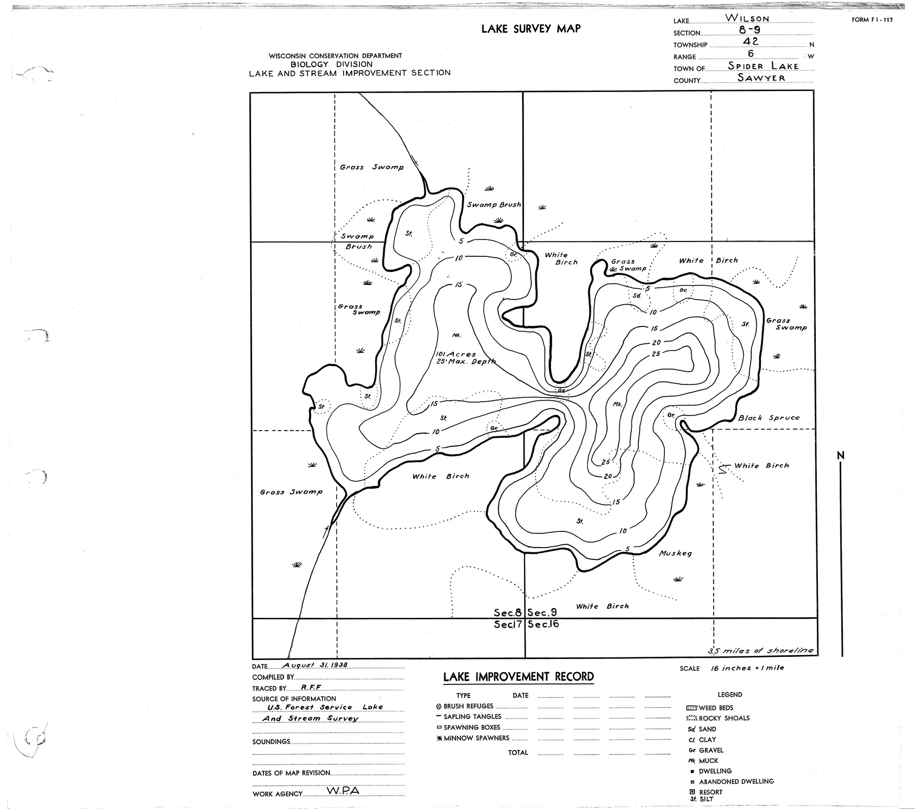 Wilson Lake historical Wisconsin DNR depth map sheet 1