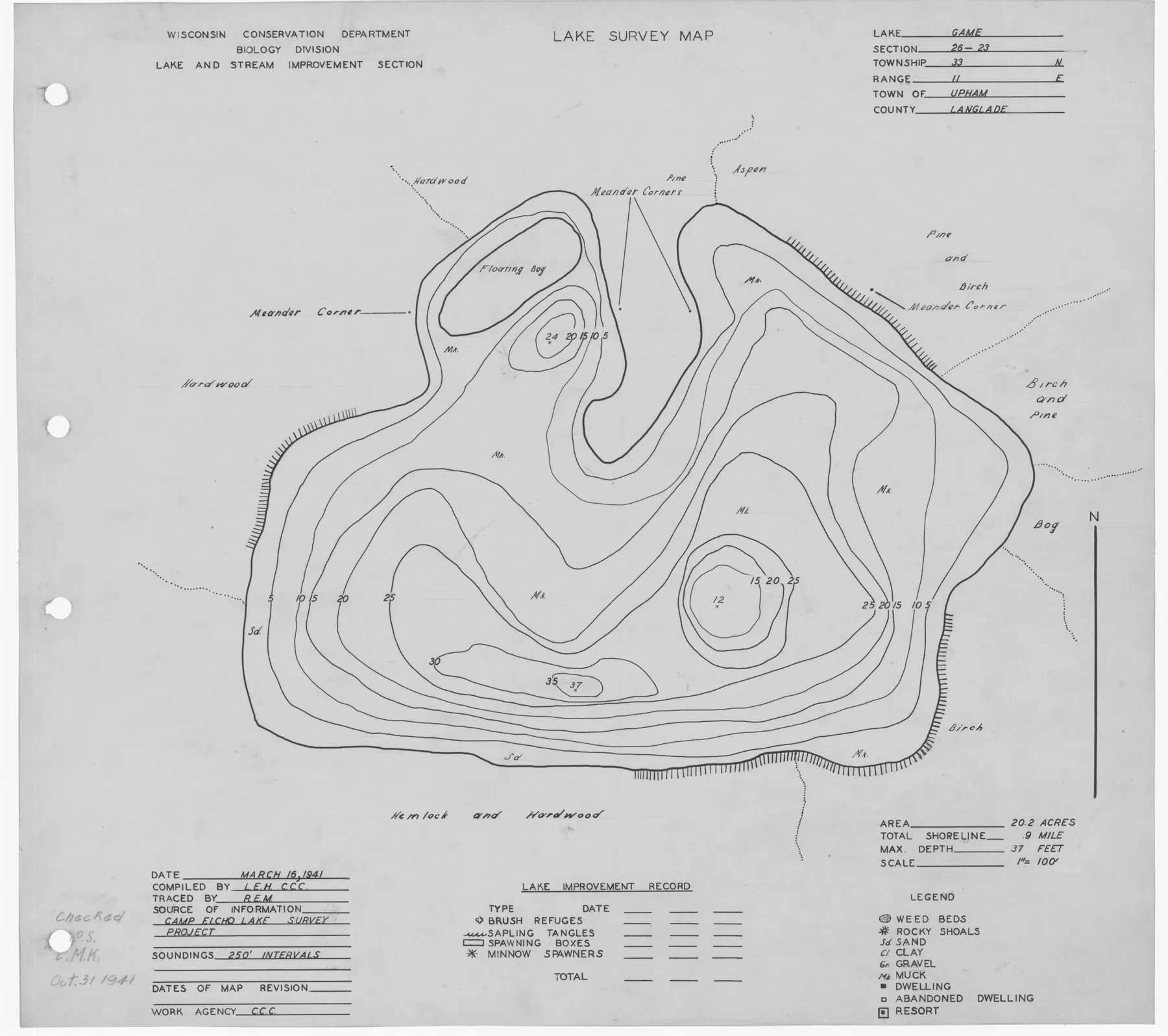 Game Lake historical Wisconsin DNR depth map sheet 1