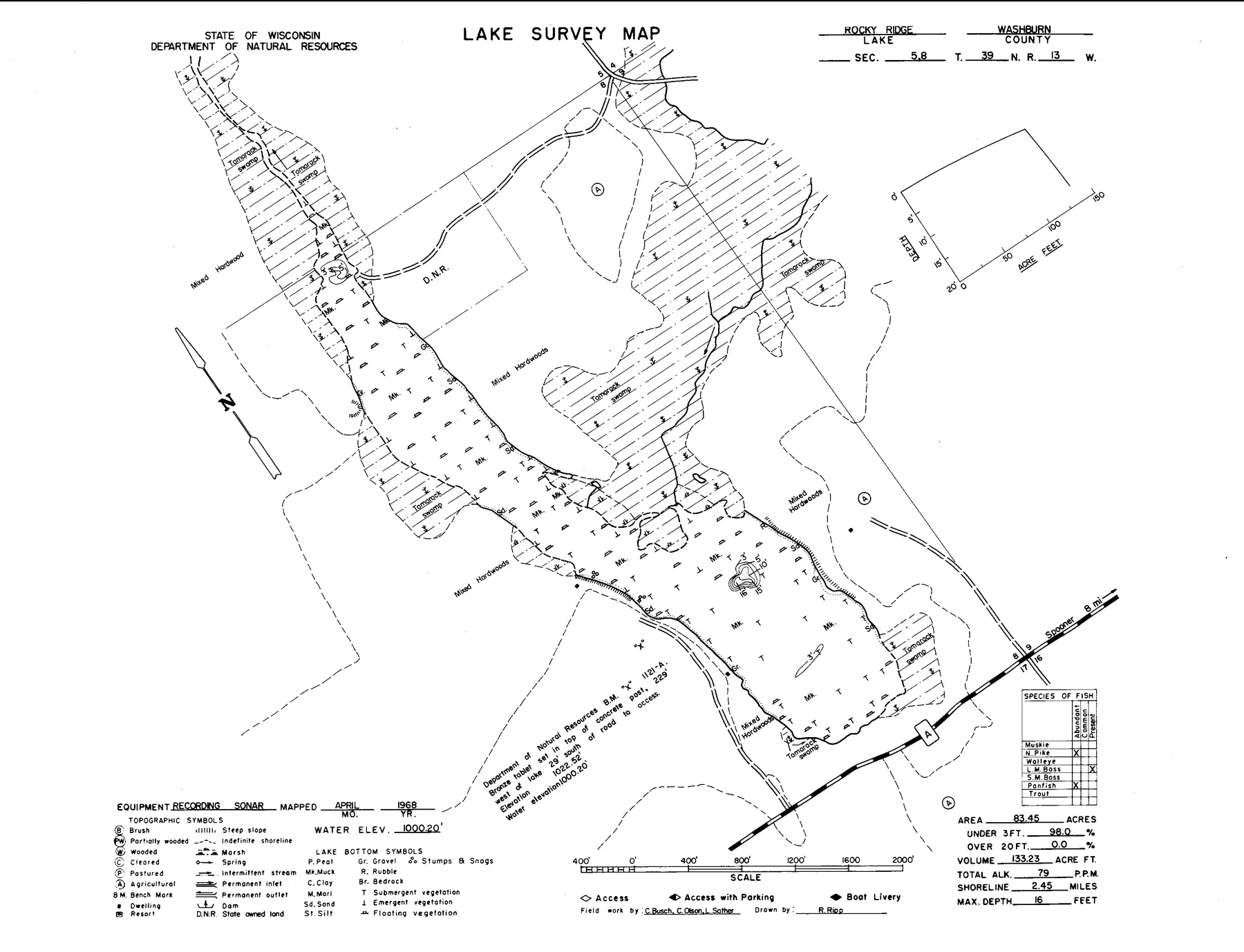 Rocky Ridge Lake historical Wisconsin DNR depth map sheet 1