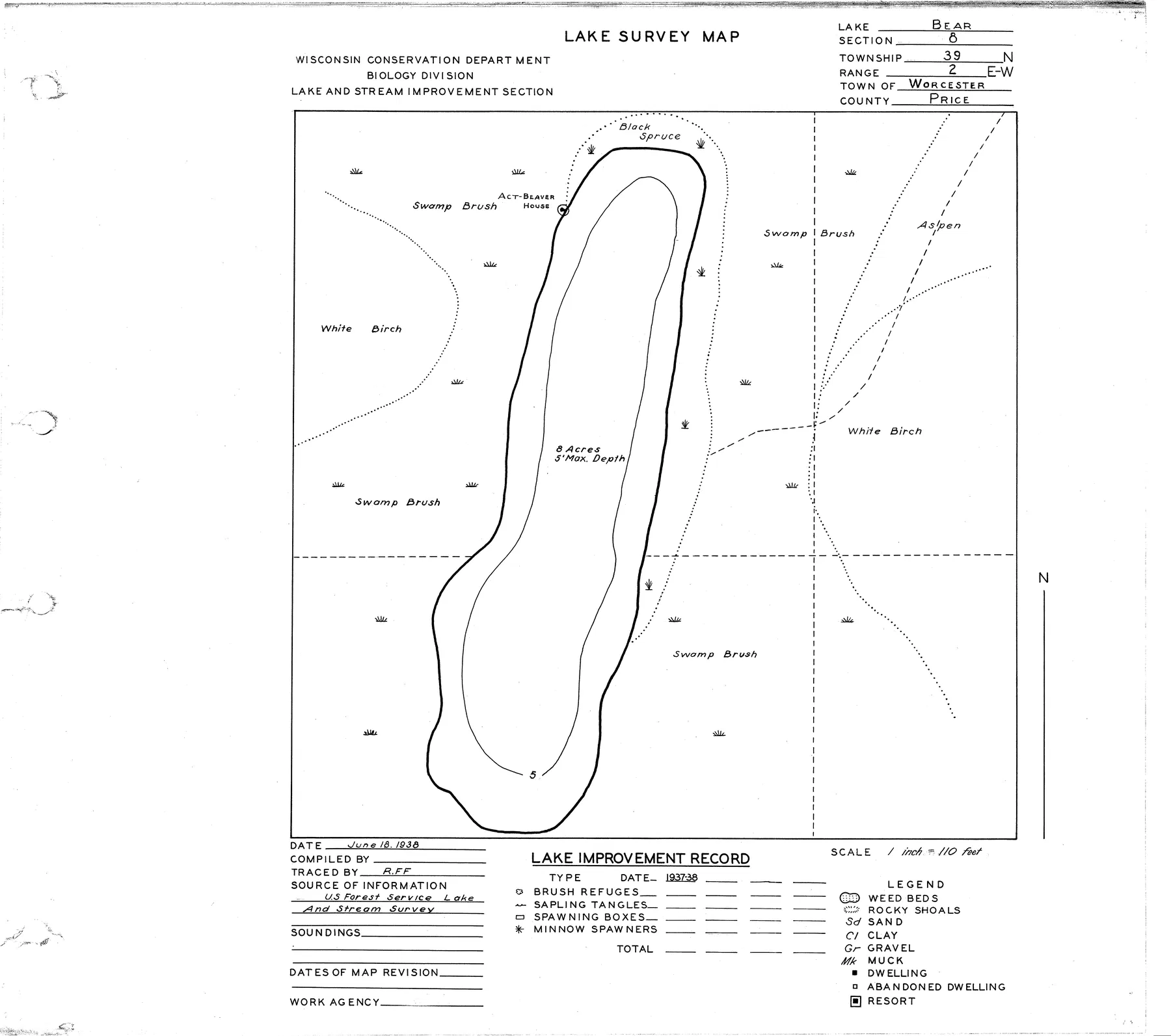 Bear Lake historical Wisconsin DNR depth map sheet 1