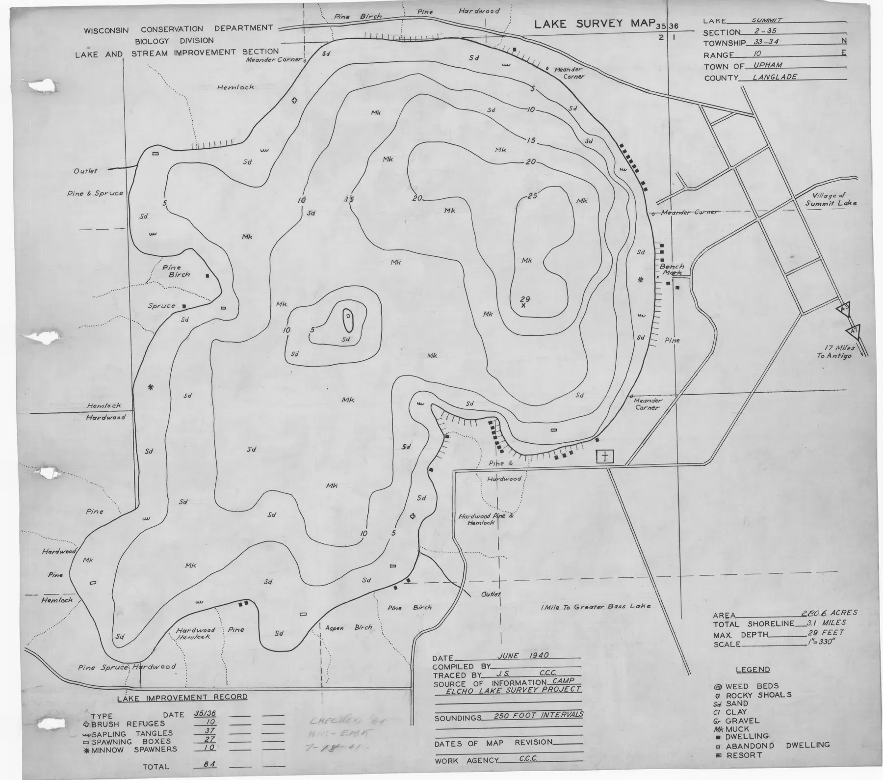 Summit Lake historical Wisconsin DNR depth map sheet 1