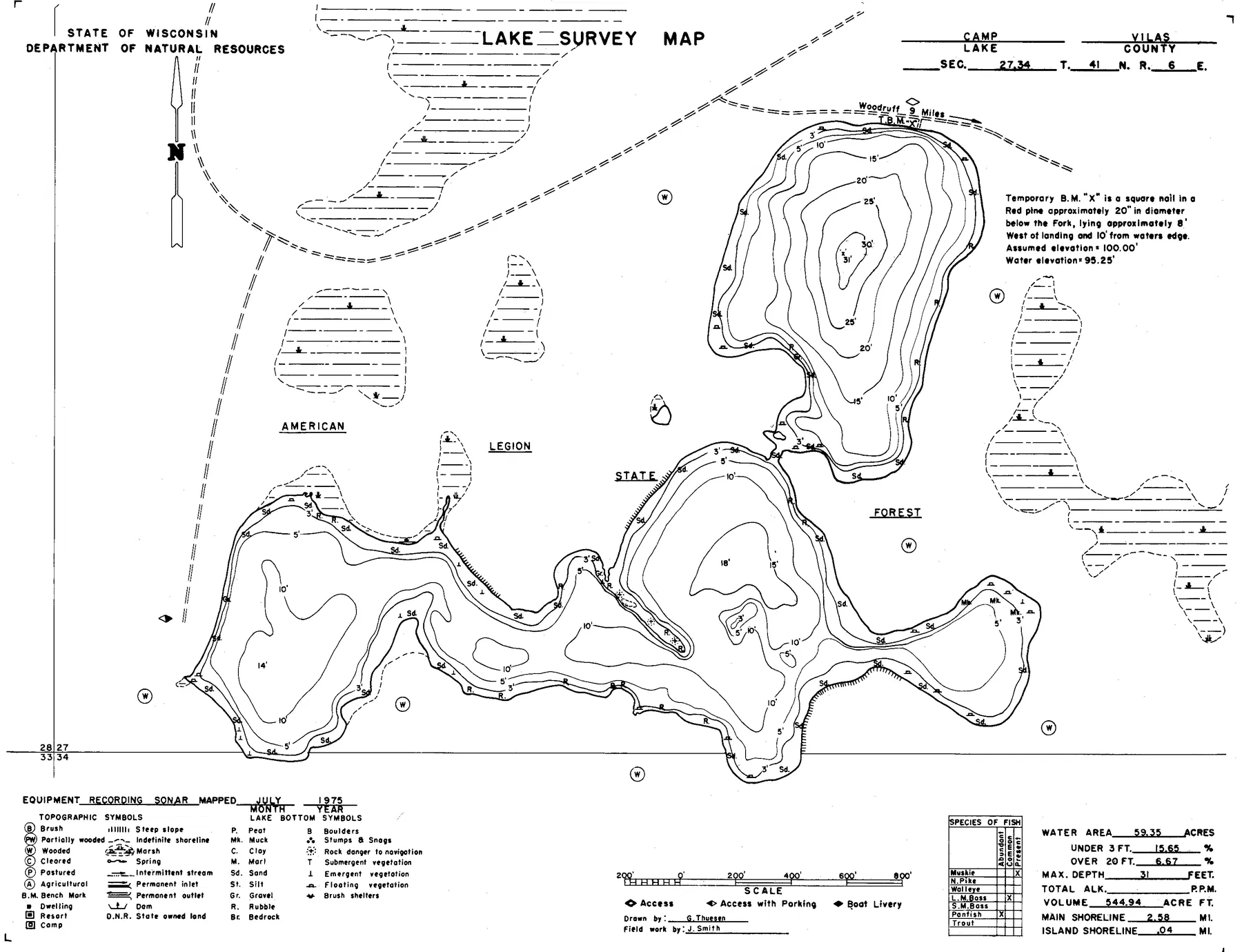 Camp Lake historical Wisconsin DNR depth map sheet 1