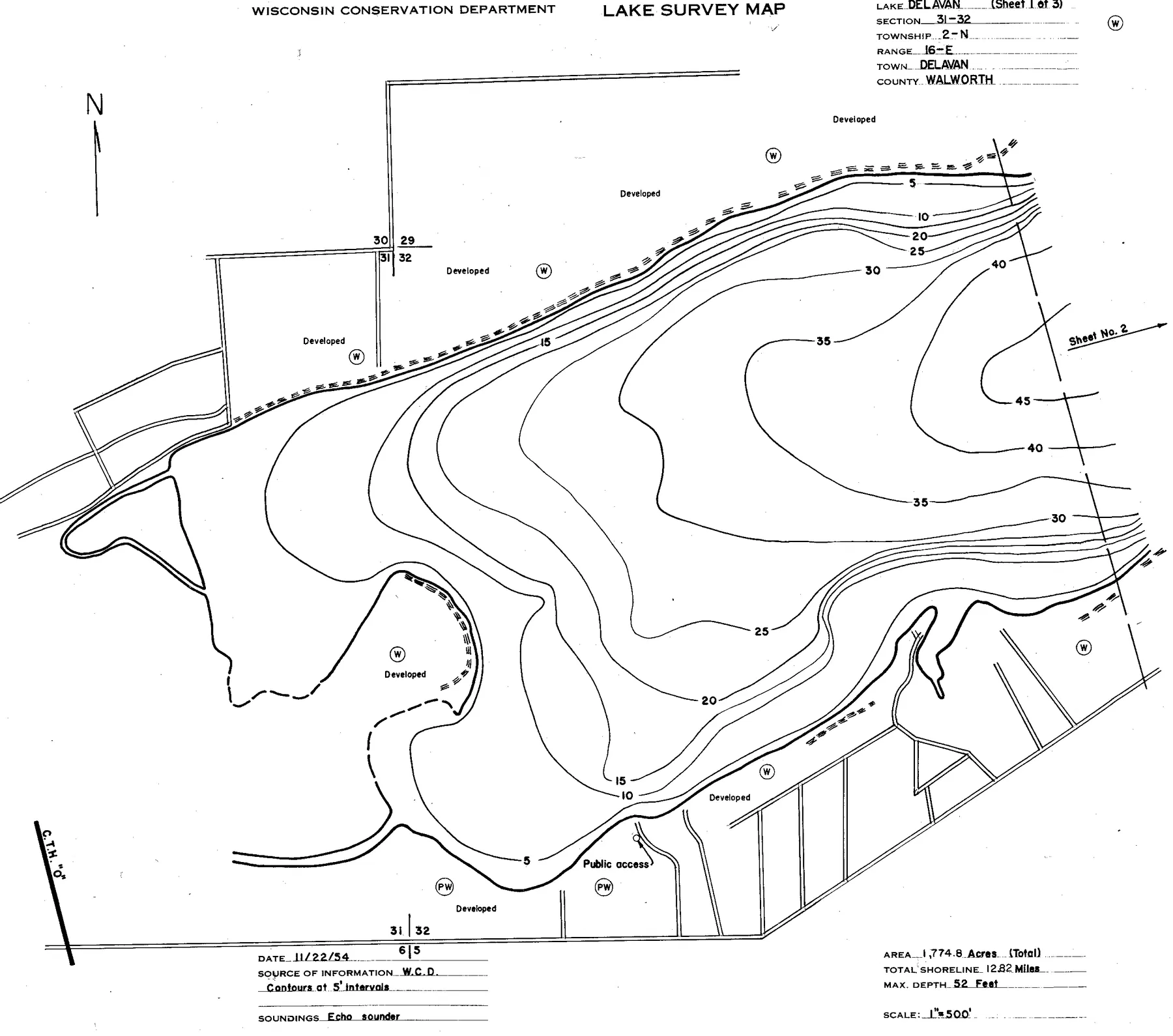 Delavan Lake historical Wisconsin DNR depth map sheet 1