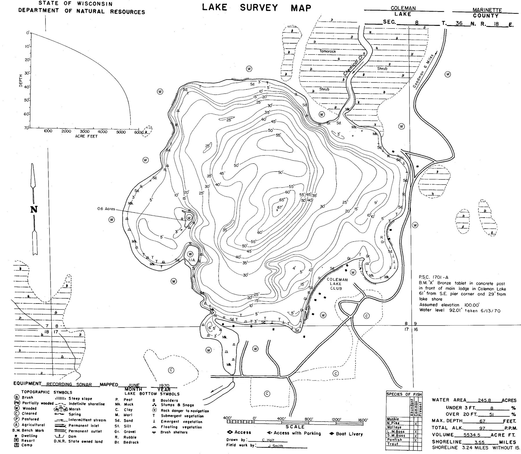 Coleman Lake historical Wisconsin DNR depth map sheet 1