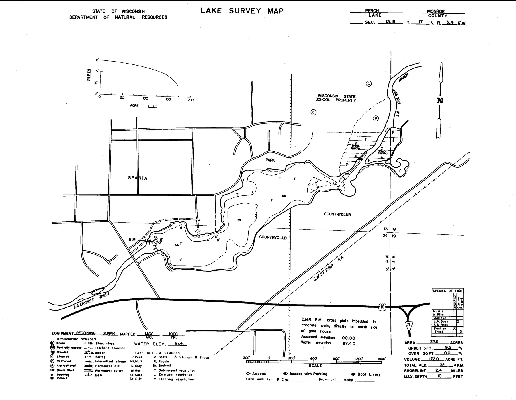Perch Lake historical Wisconsin DNR depth map sheet 1