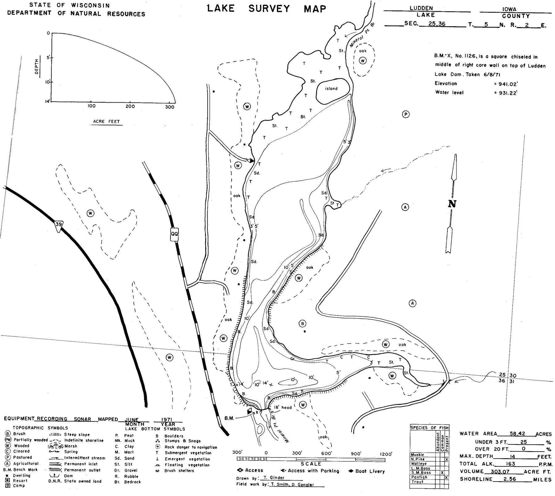 Ludden Lake historical Wisconsin DNR depth map sheet 1