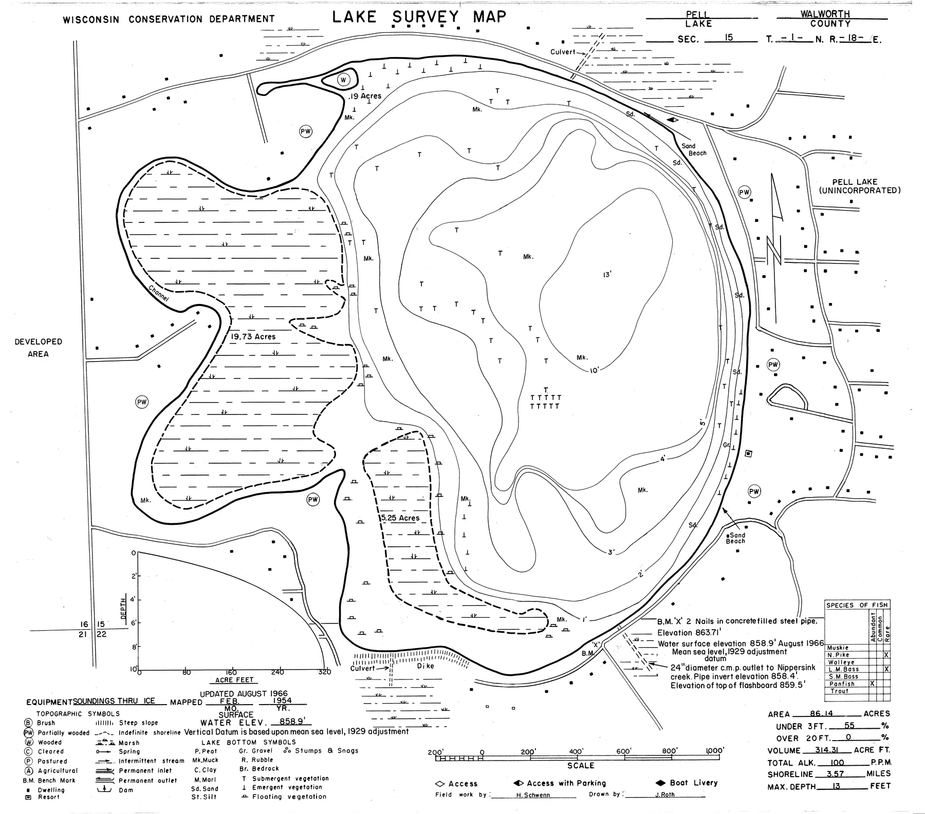 Pell Lake historical Wisconsin DNR depth map sheet 1