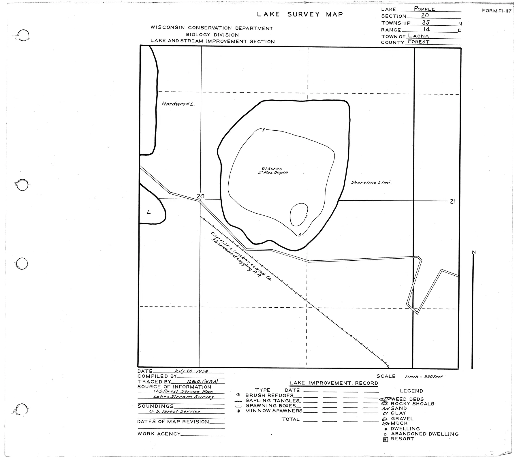 Popple Lake historical Wisconsin DNR depth map sheet 1