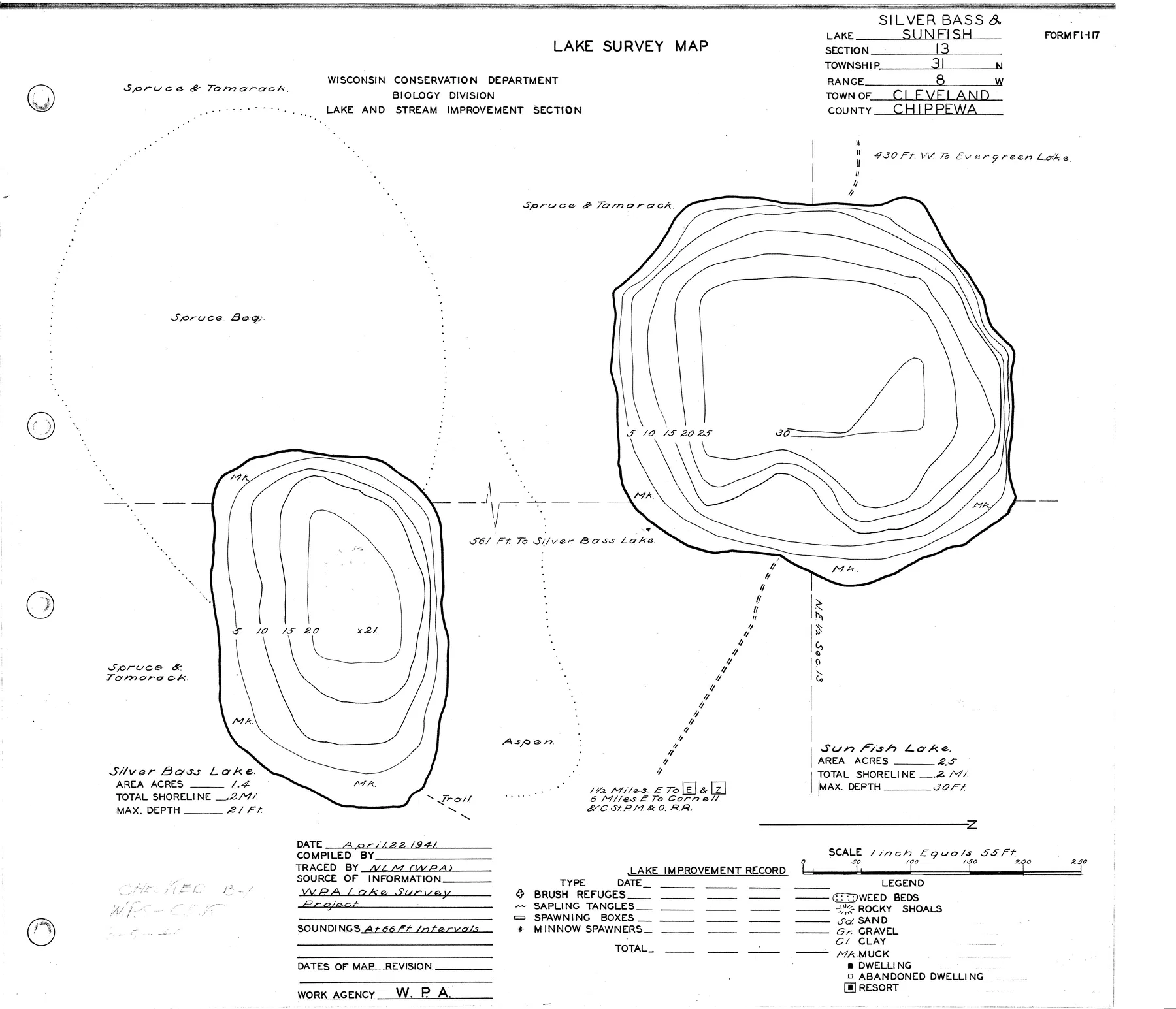 Silver Bass Lake historical Wisconsin DNR depth map sheet 1