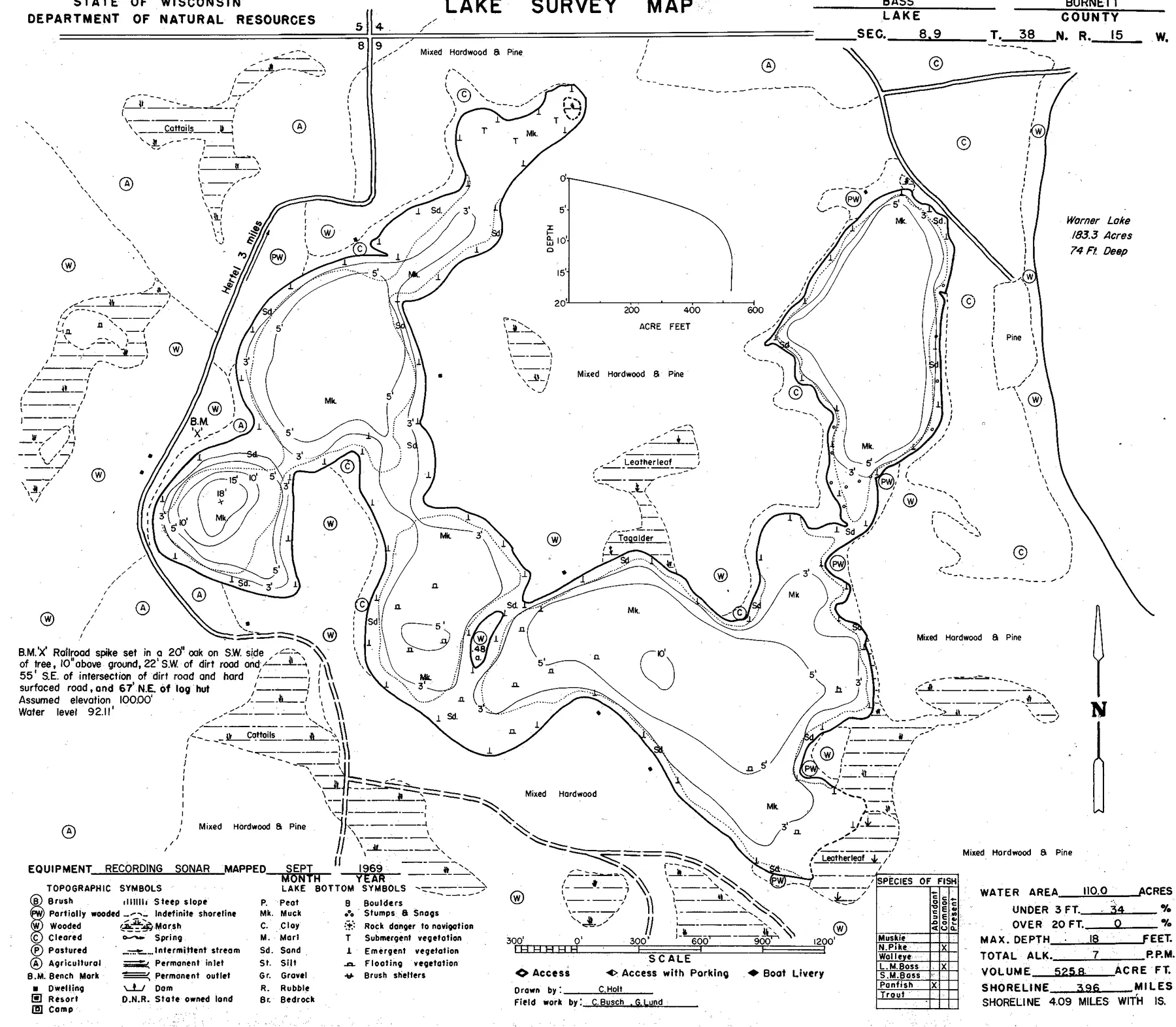 Bass Lake historical Wisconsin DNR depth map sheet 1