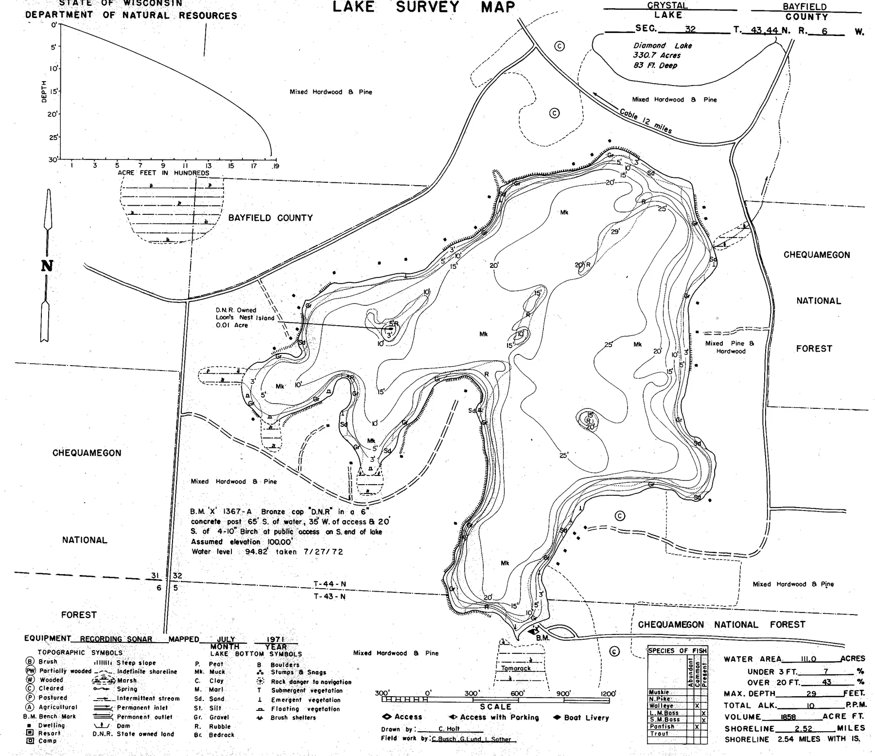 Crystal Lake historical Wisconsin DNR depth map sheet 1