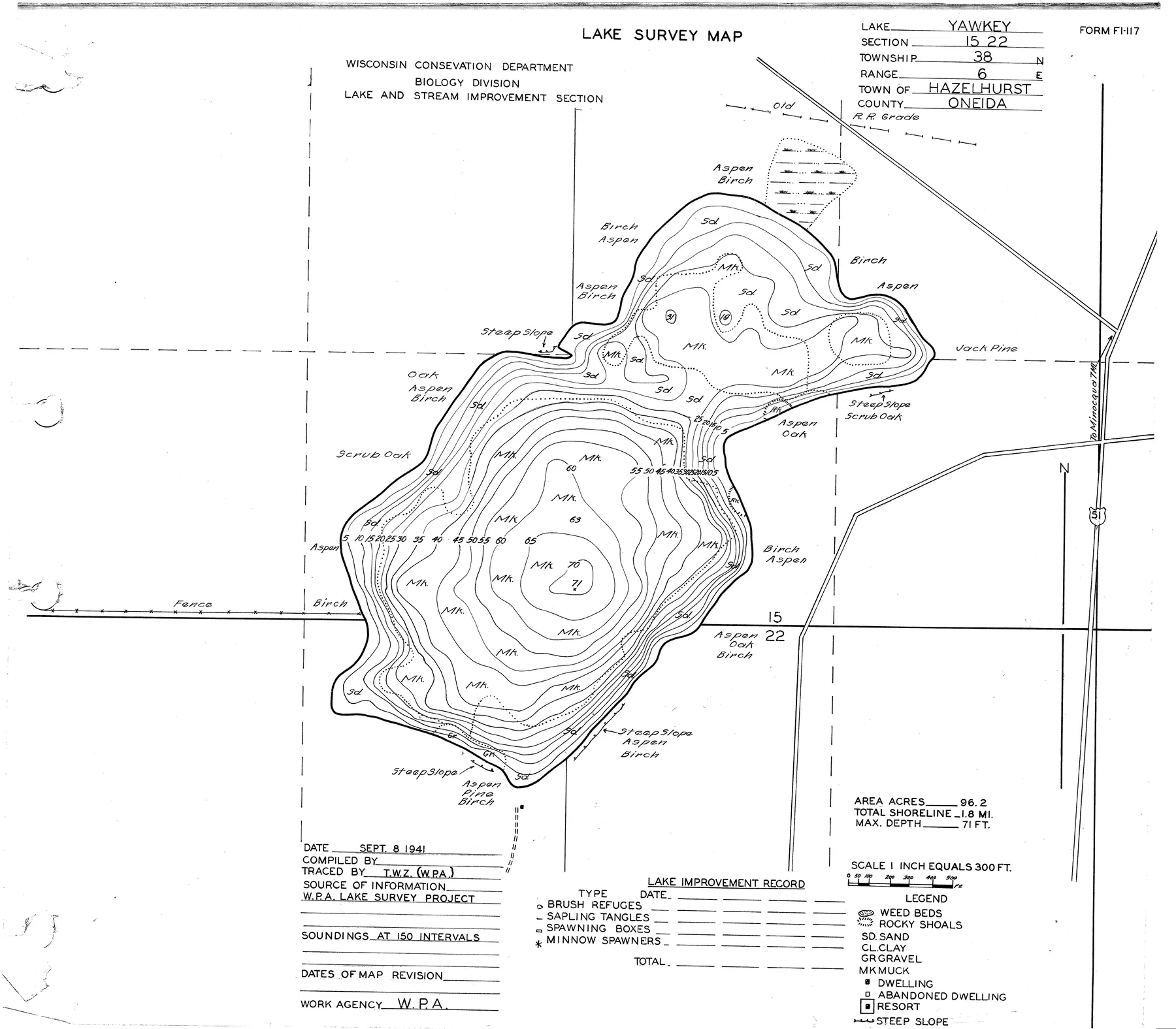 Yawkey Lake historical Wisconsin DNR depth map sheet 1