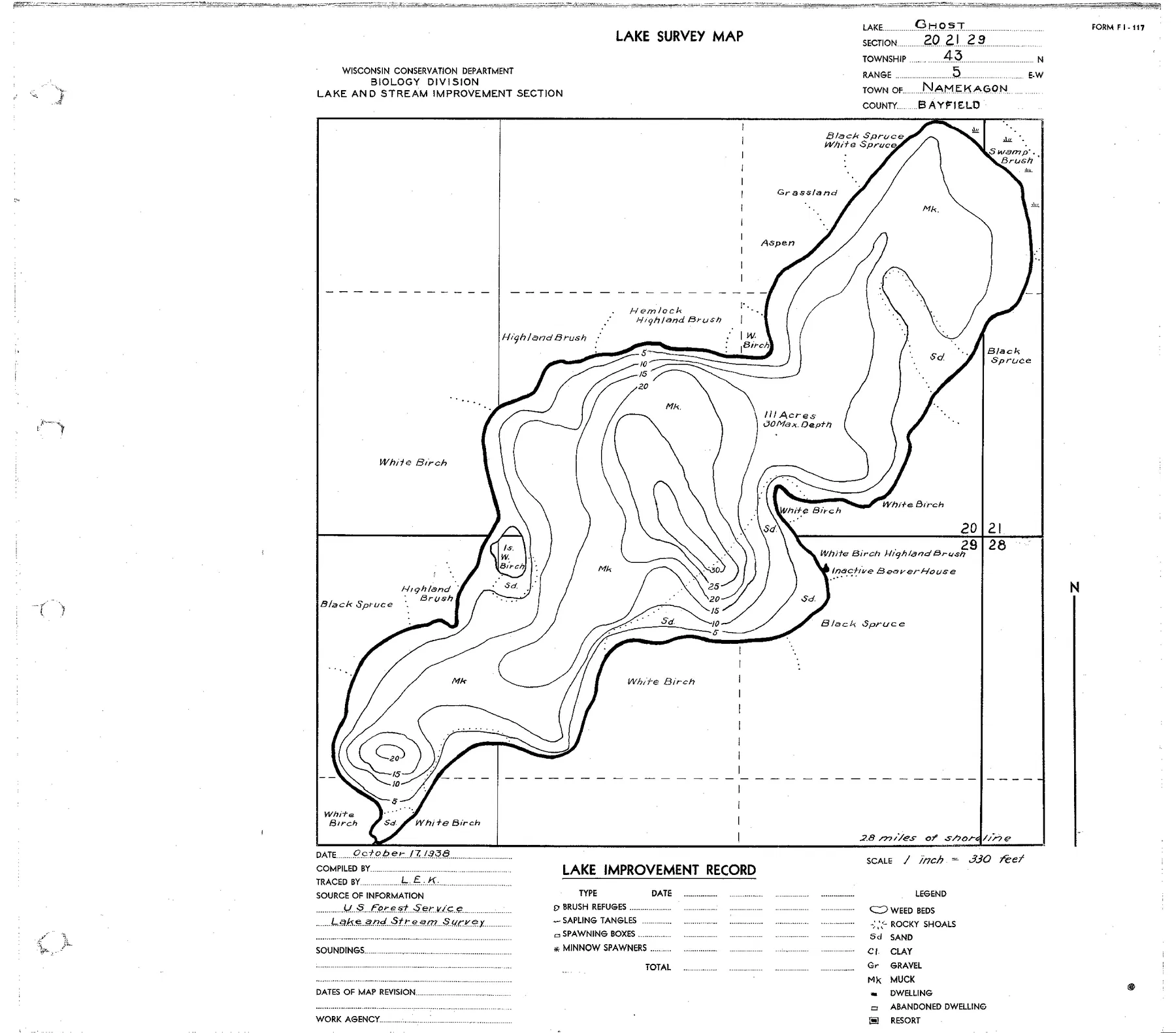 Ghost Lake historical Wisconsin DNR depth map sheet 1