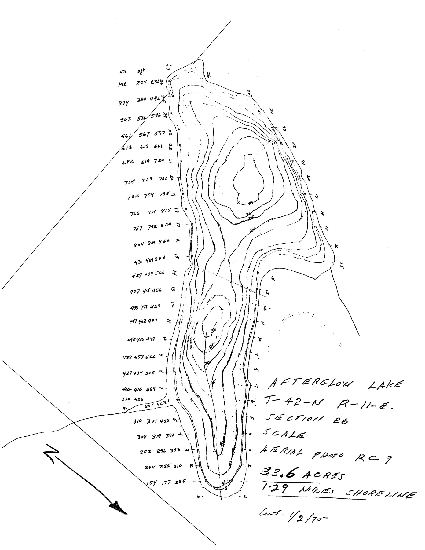 Afterglow Lake historical Wisconsin DNR depth map sheet 1