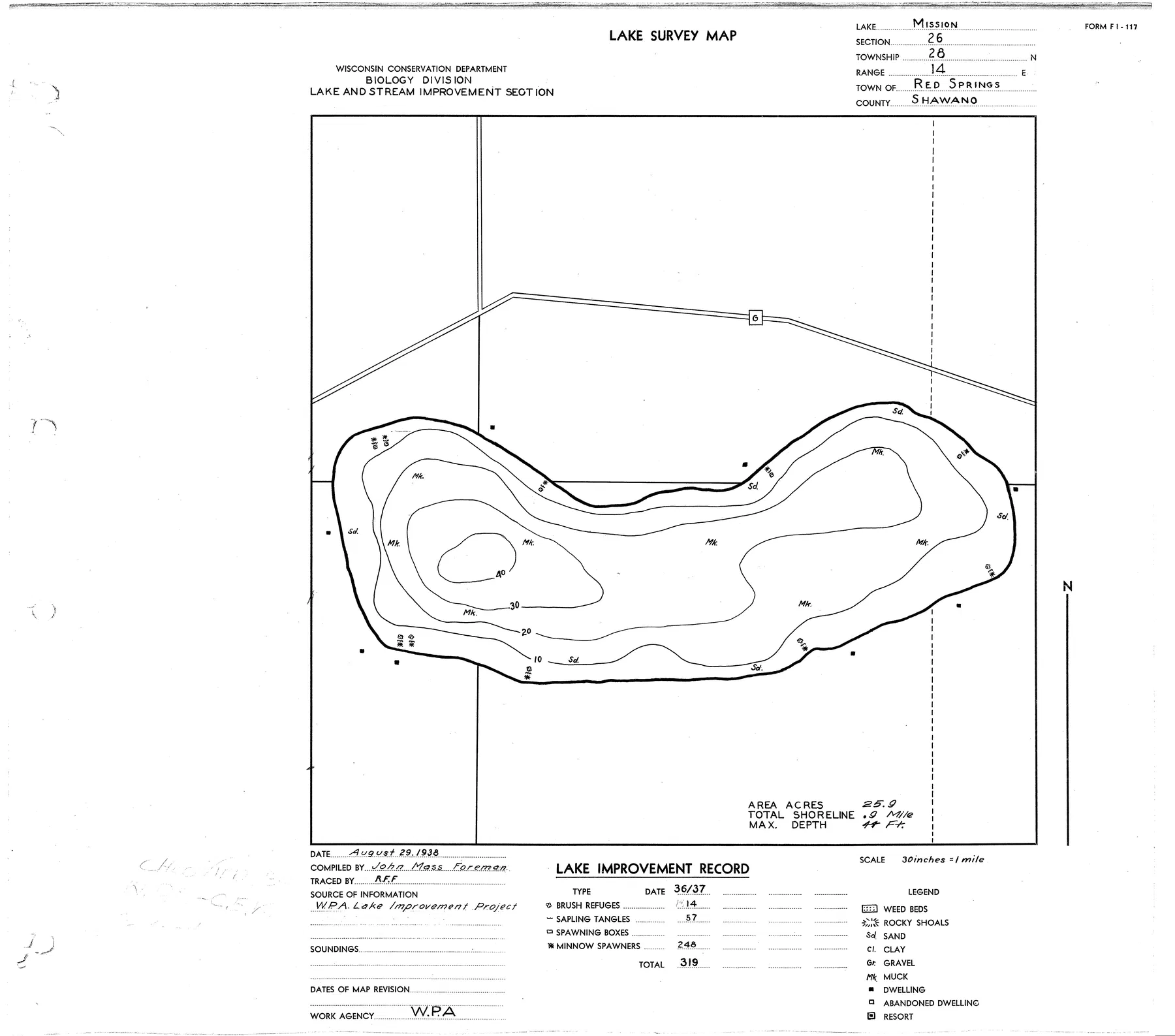 Mission Lake historical Wisconsin DNR depth map sheet 1