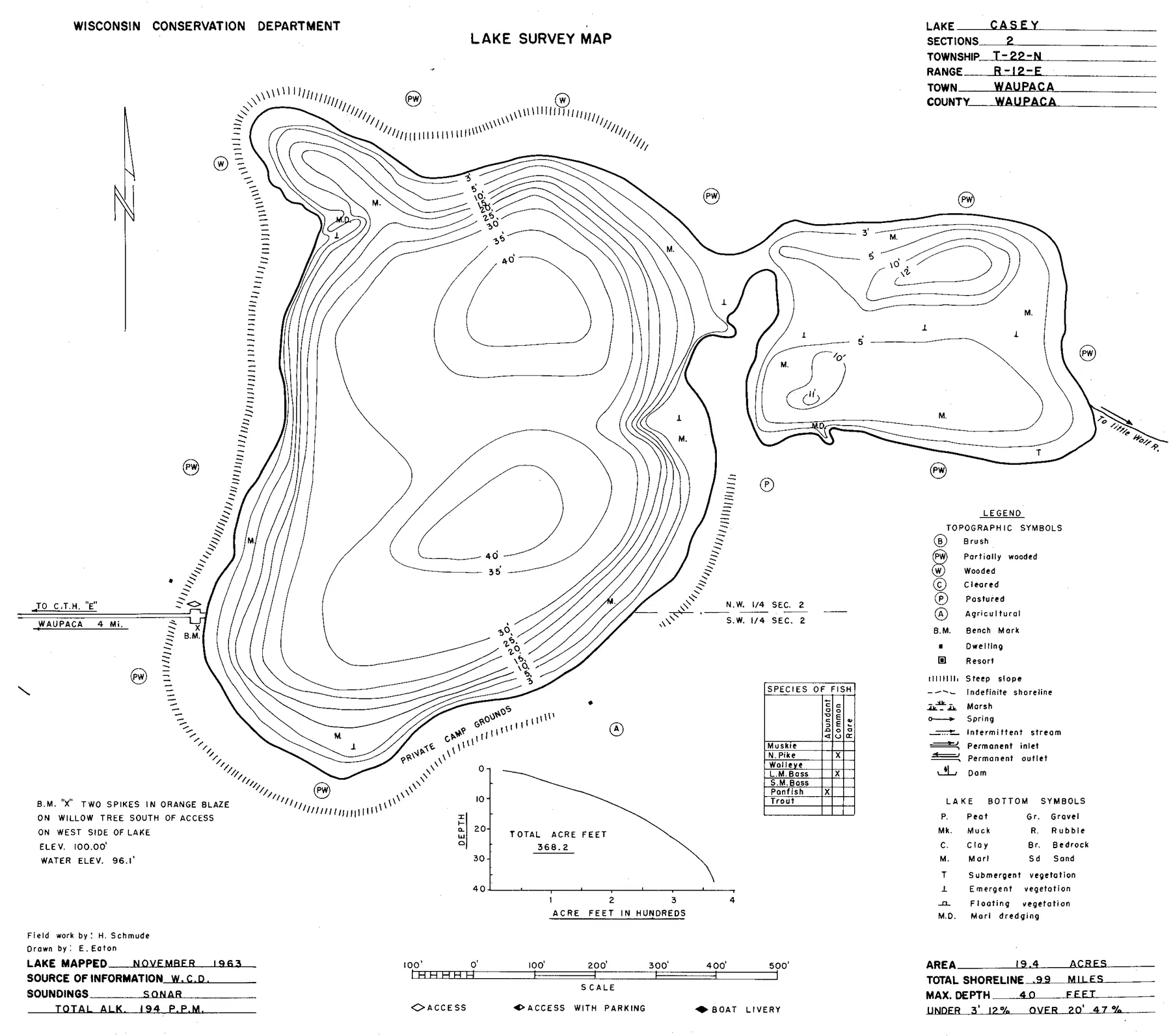 Casey Lake historical Wisconsin DNR depth map sheet 1