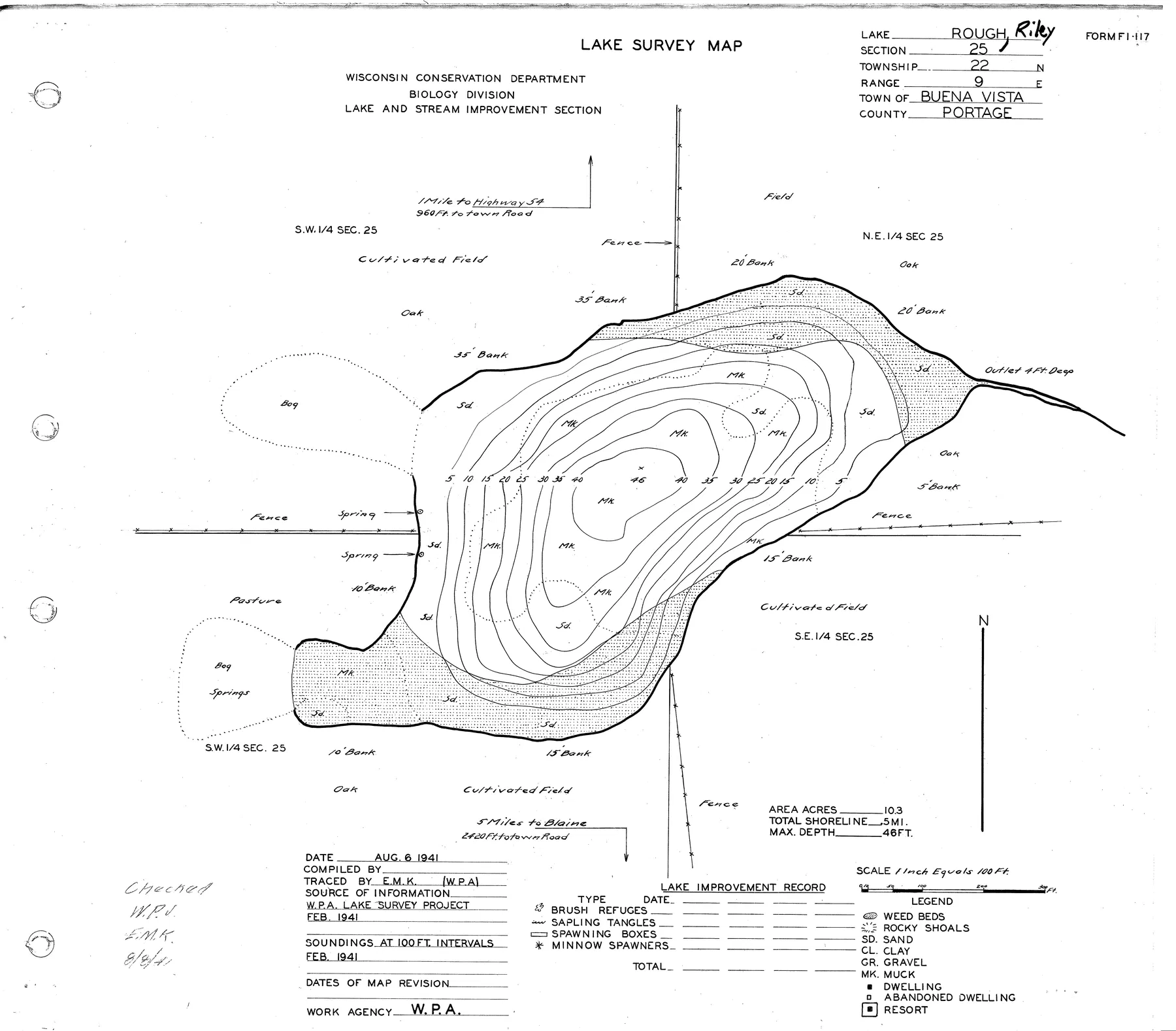 Riley Lake historical Wisconsin DNR depth map sheet 1