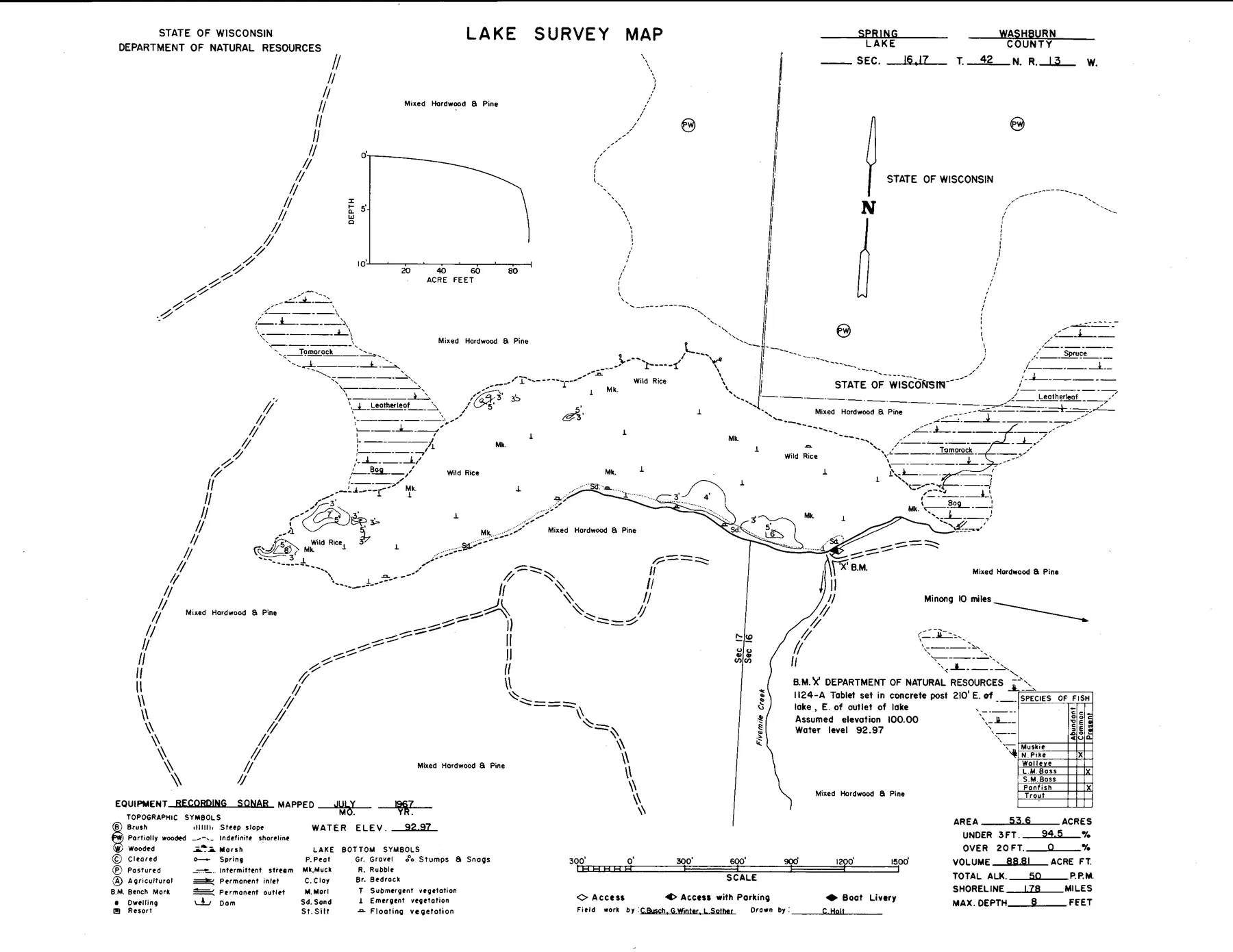 Spring Lake historical Wisconsin DNR depth map sheet 1
