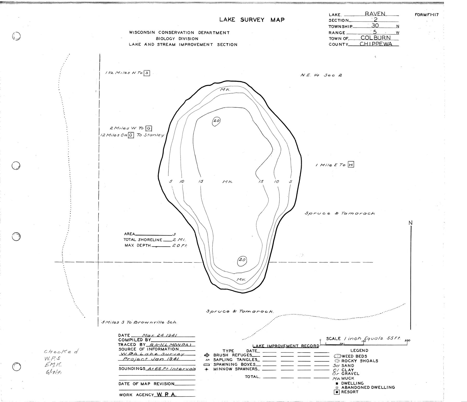 Raven Lake historical Wisconsin DNR depth map sheet 1