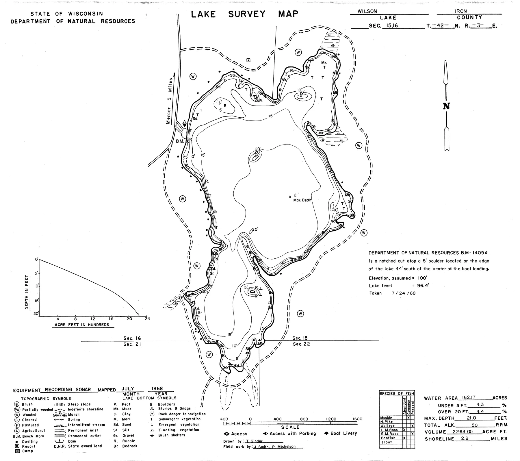 Wilson Lake historical Wisconsin DNR depth map sheet 1