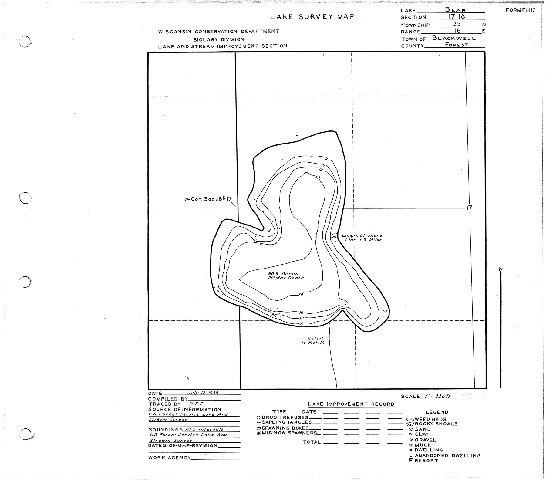 Bear Lake historical Wisconsin DNR depth map sheet 1