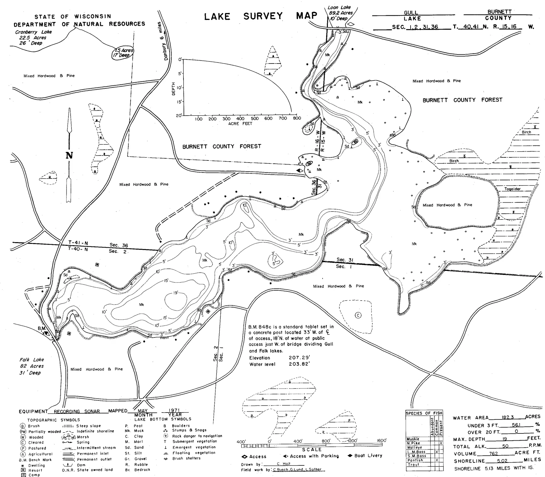 Gull Lake historical Wisconsin DNR depth map sheet 1