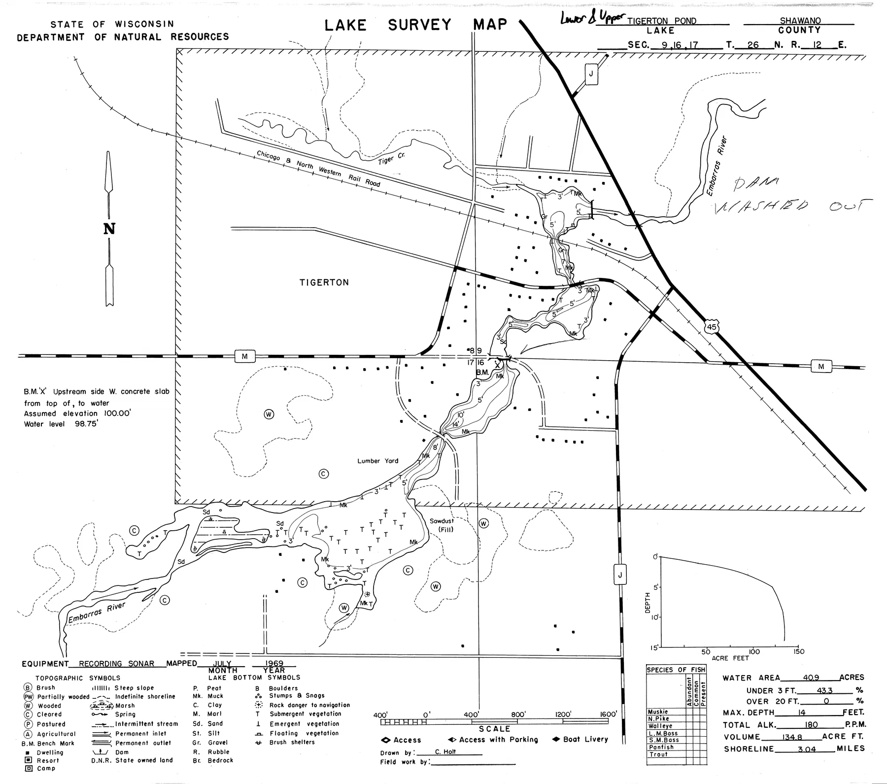 Upper Tigerton Pond historical Wisconsin DNR depth map sheet 1