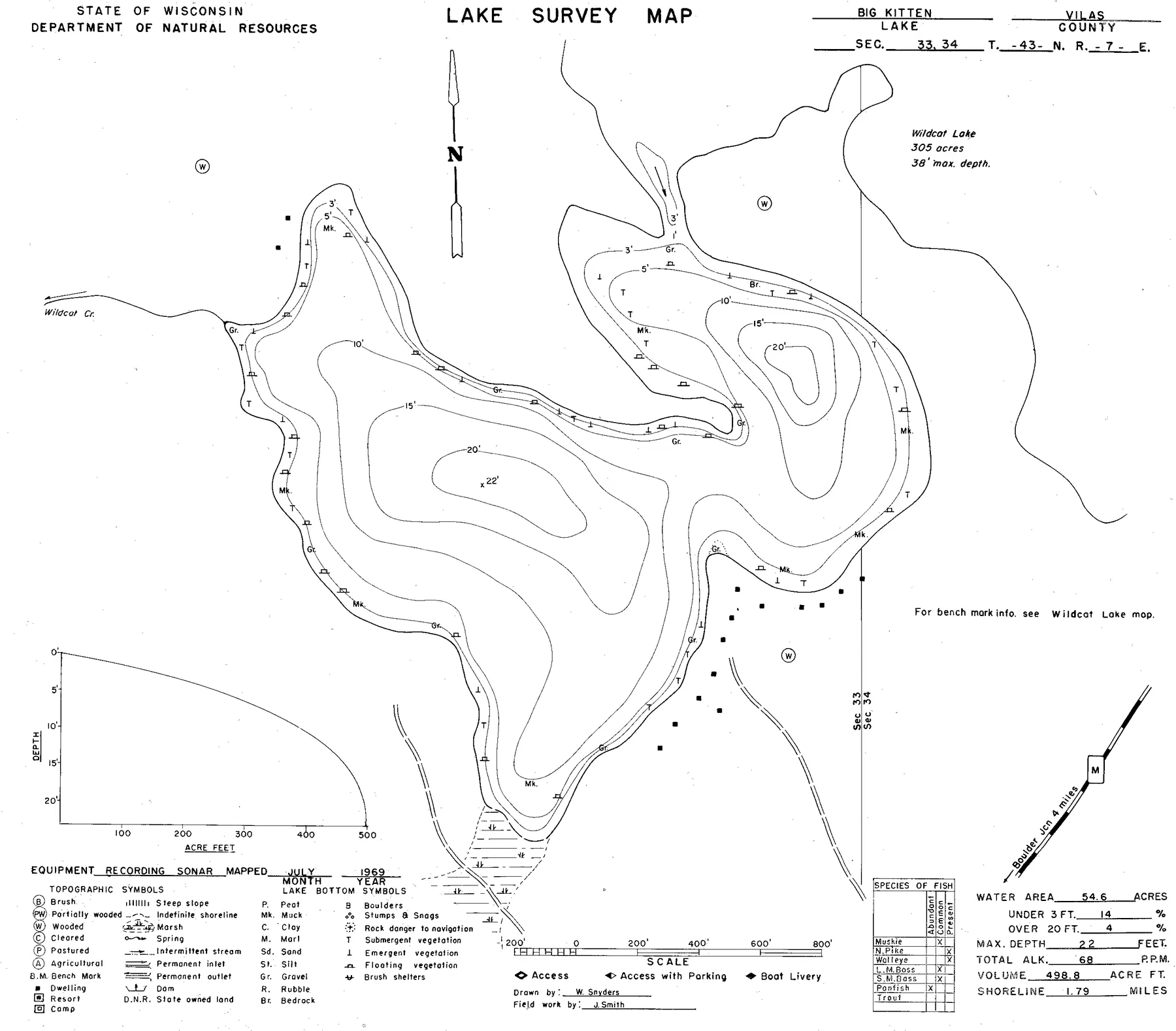 Big Kitten Lake historical Wisconsin DNR depth map sheet 1