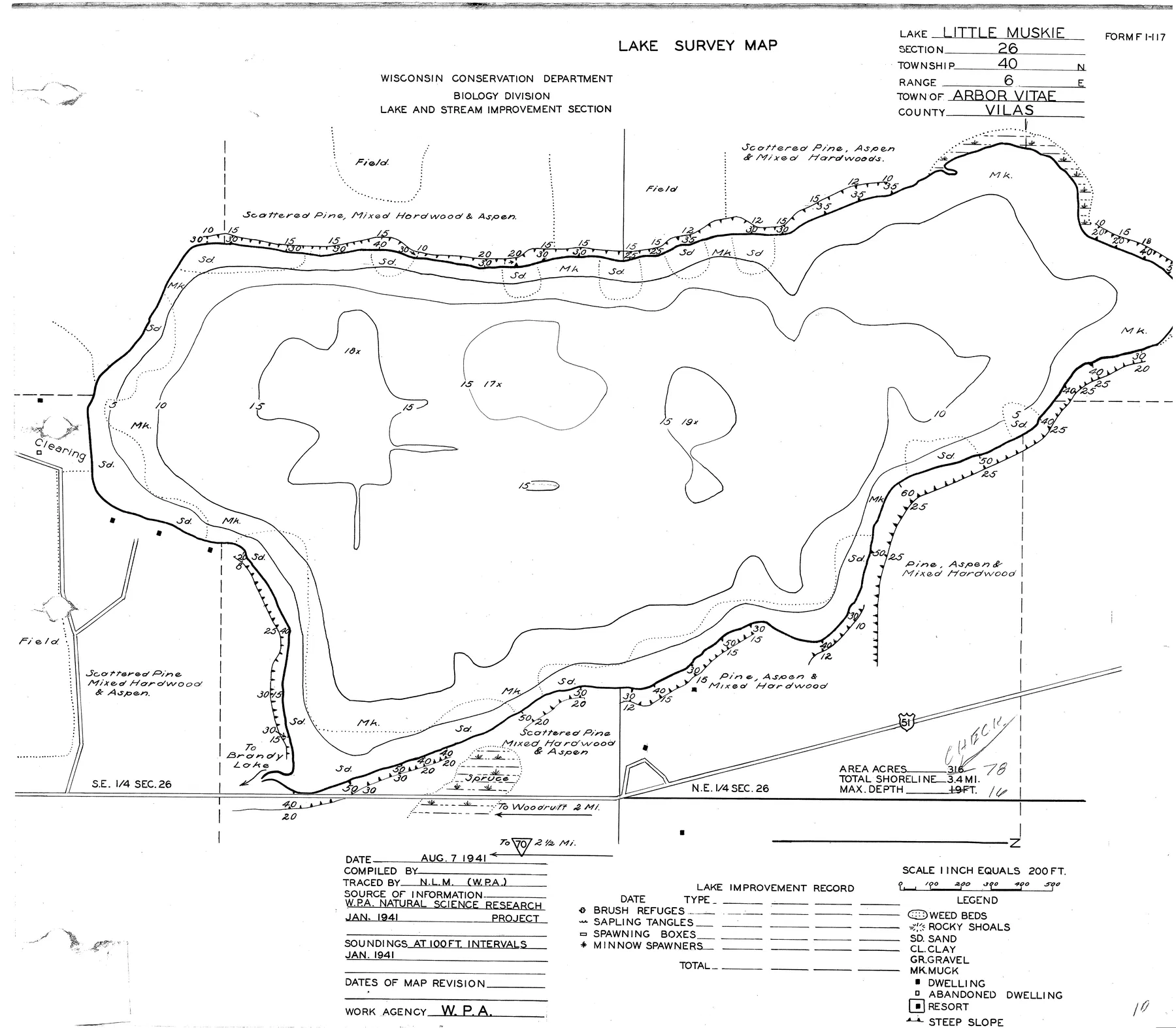 Little Muskie Lake historical Wisconsin DNR depth map sheet 1
