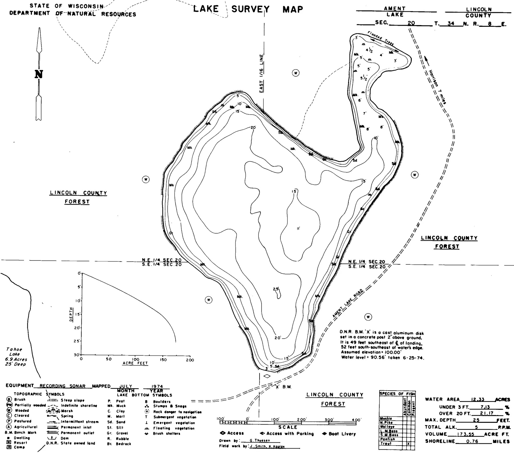 Ament Lake historical Wisconsin DNR depth map sheet 1