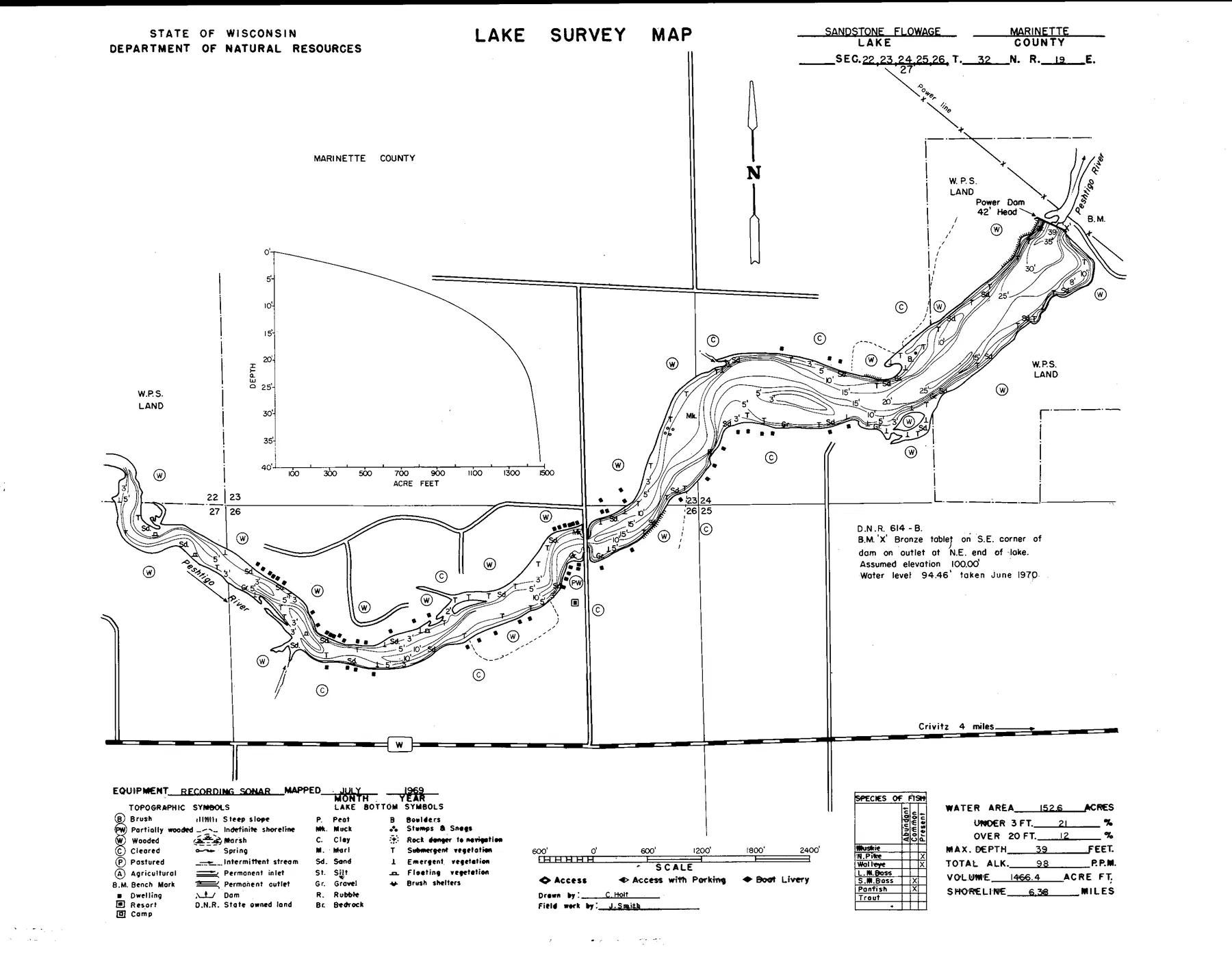 Sandstone Flowage historical Wisconsin DNR depth map sheet 1
