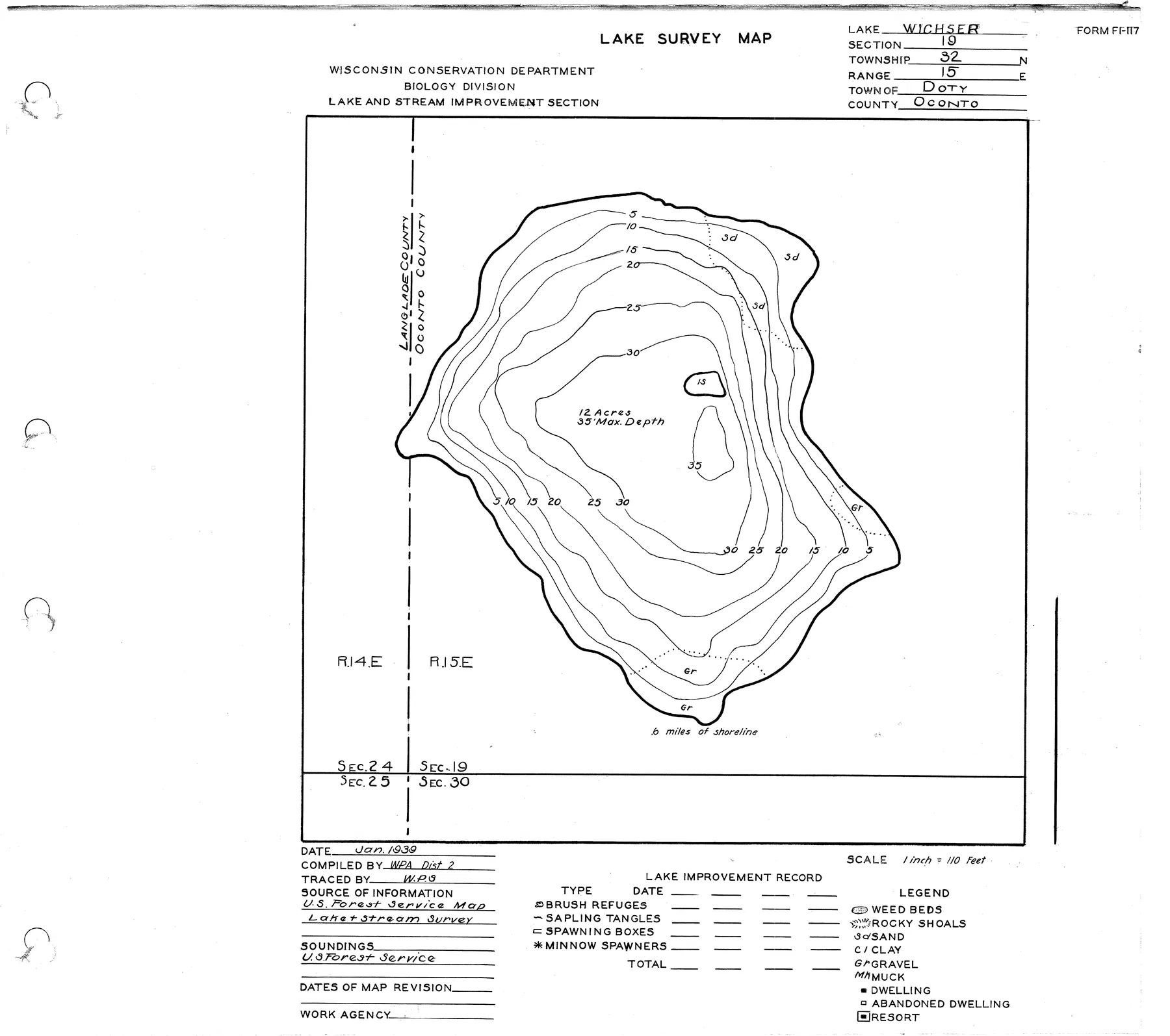 Wichser Lake historical Wisconsin DNR depth map sheet 1