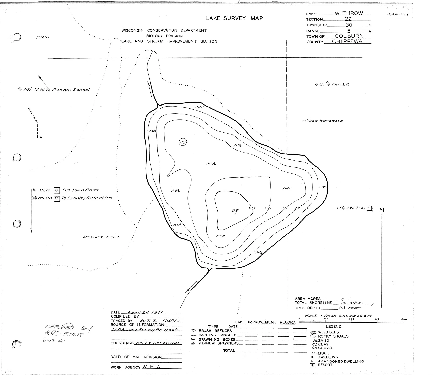Withrow Lake historical Wisconsin DNR depth map sheet 1