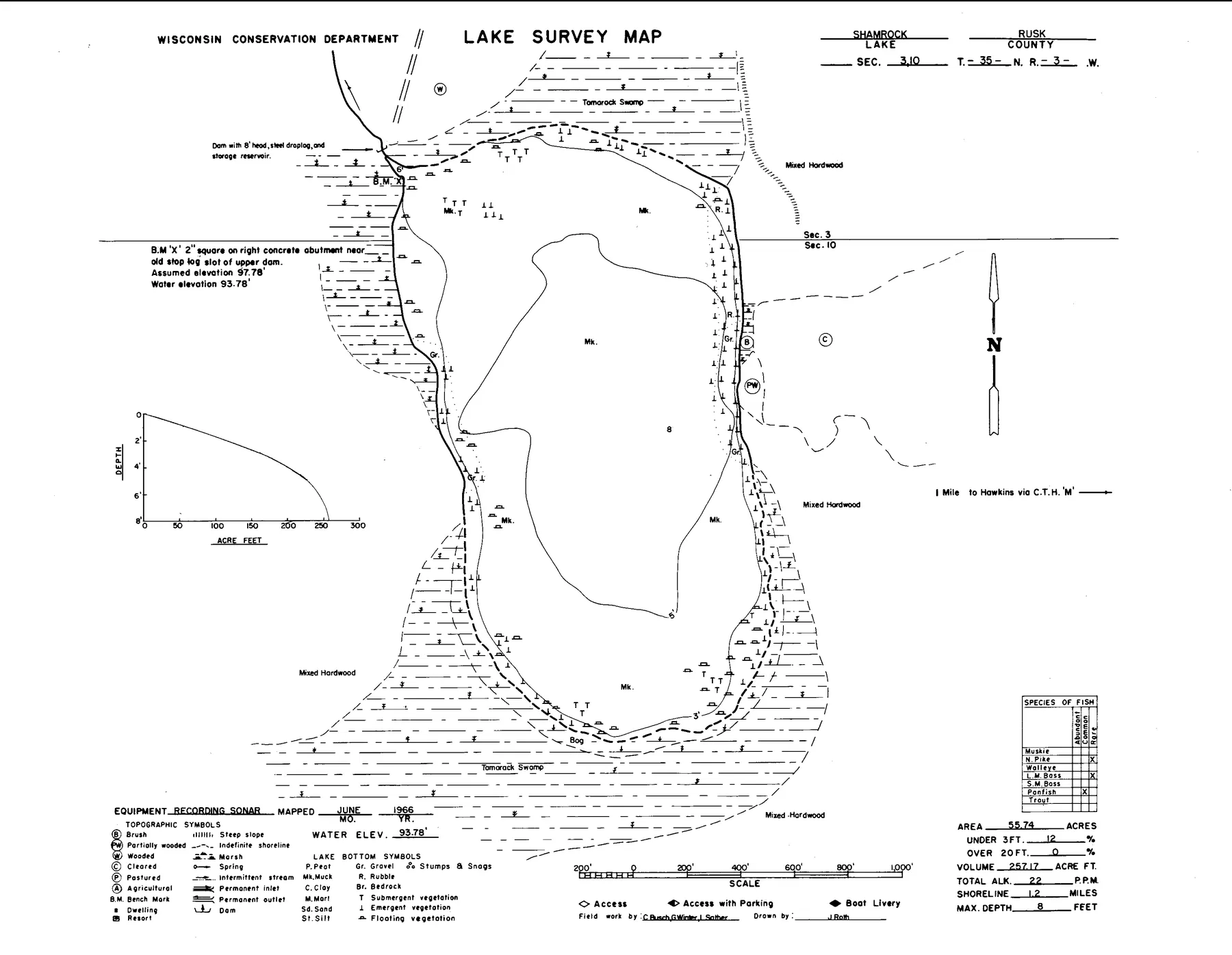 Shamrock Lake historical Wisconsin DNR depth map sheet 1